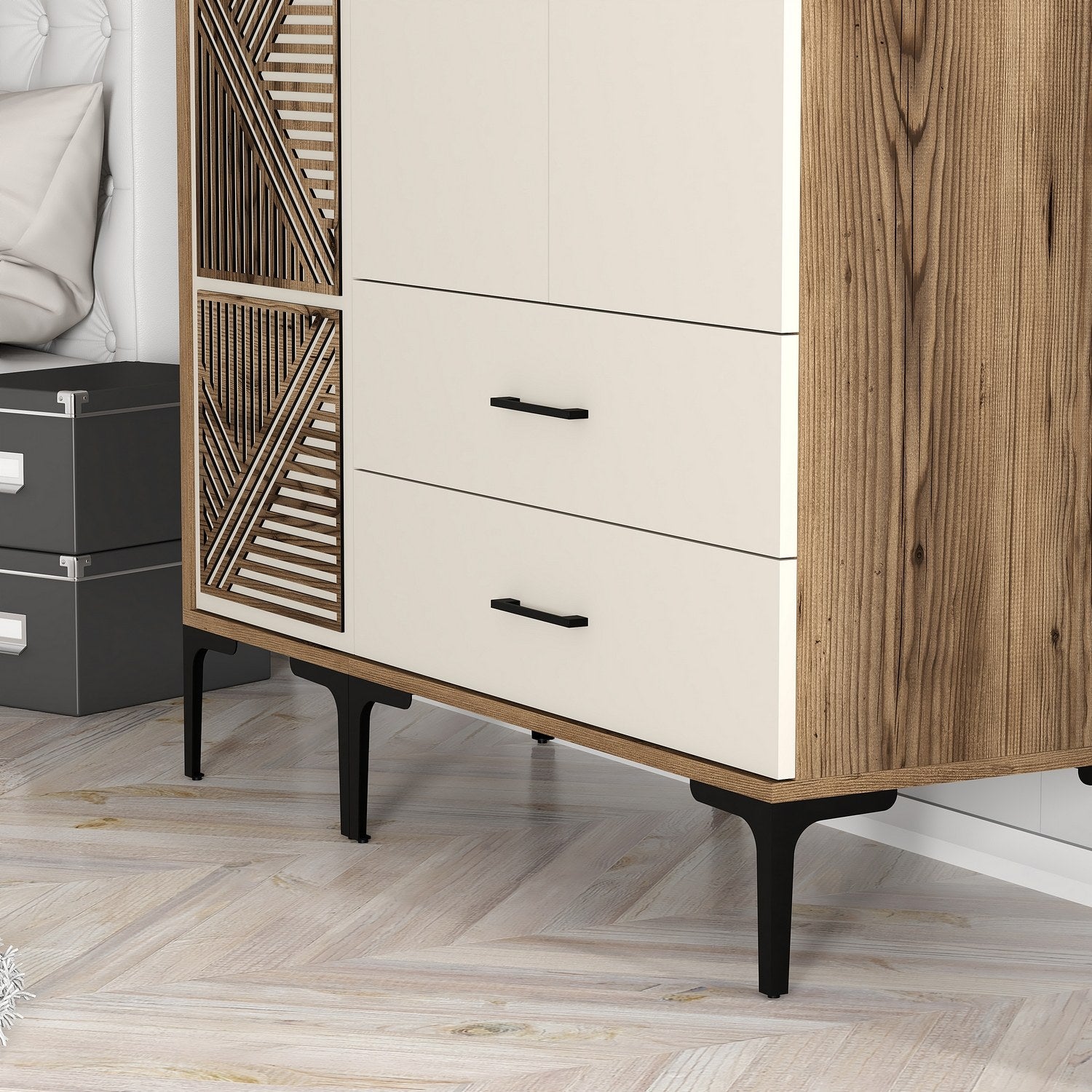 Guarda-roupa elegante – 120 cm x 201,4 cm x 47,5 cm – creme e nogueira – painéis de partículas revestidos em melamina