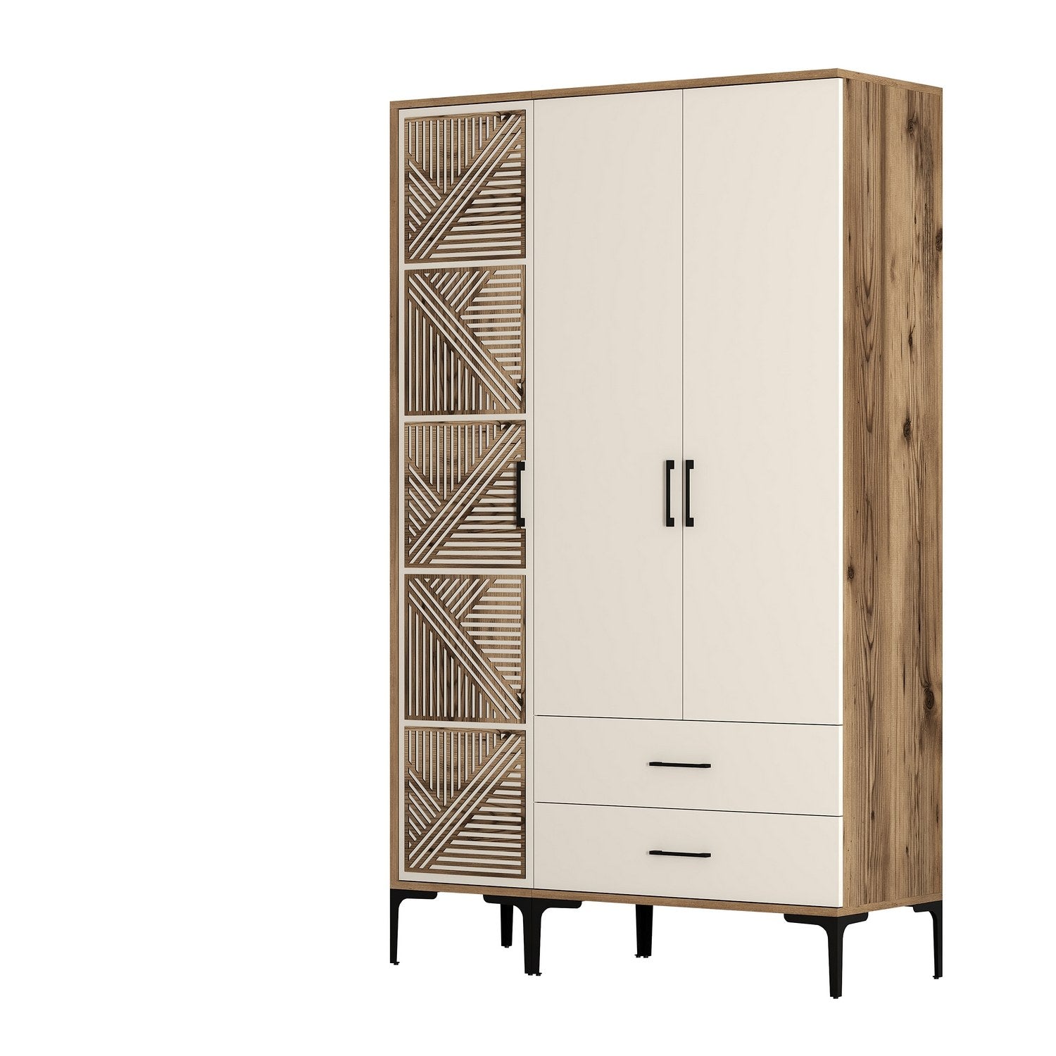 Guarda-roupa elegante – 120 cm x 201,4 cm x 47,5 cm – creme e nogueira – painéis de partículas revestidos em melamina