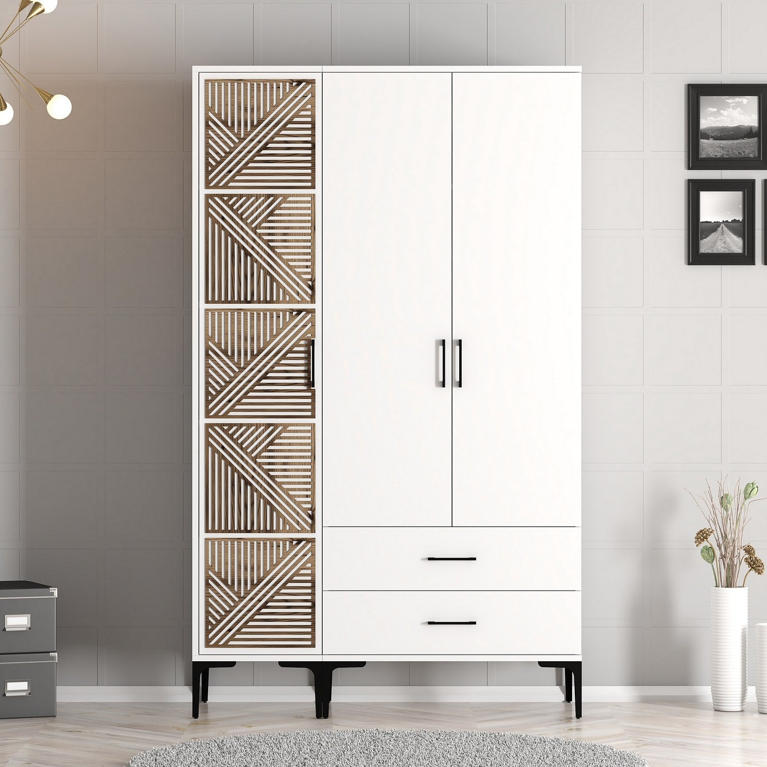 Guarda-roupa elegante – 120 cm x 201,4 cm x 47,5 cm – Branco – Painel de partículas revestido a melamina