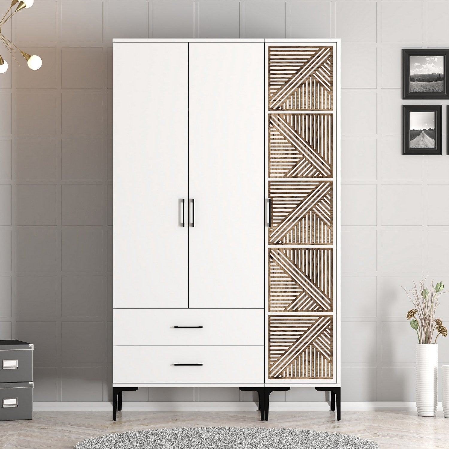 Guarda-roupa elegante – 120 cm x 201,4 cm x 47,5 cm – Branco – Painel de partículas revestido a melamina