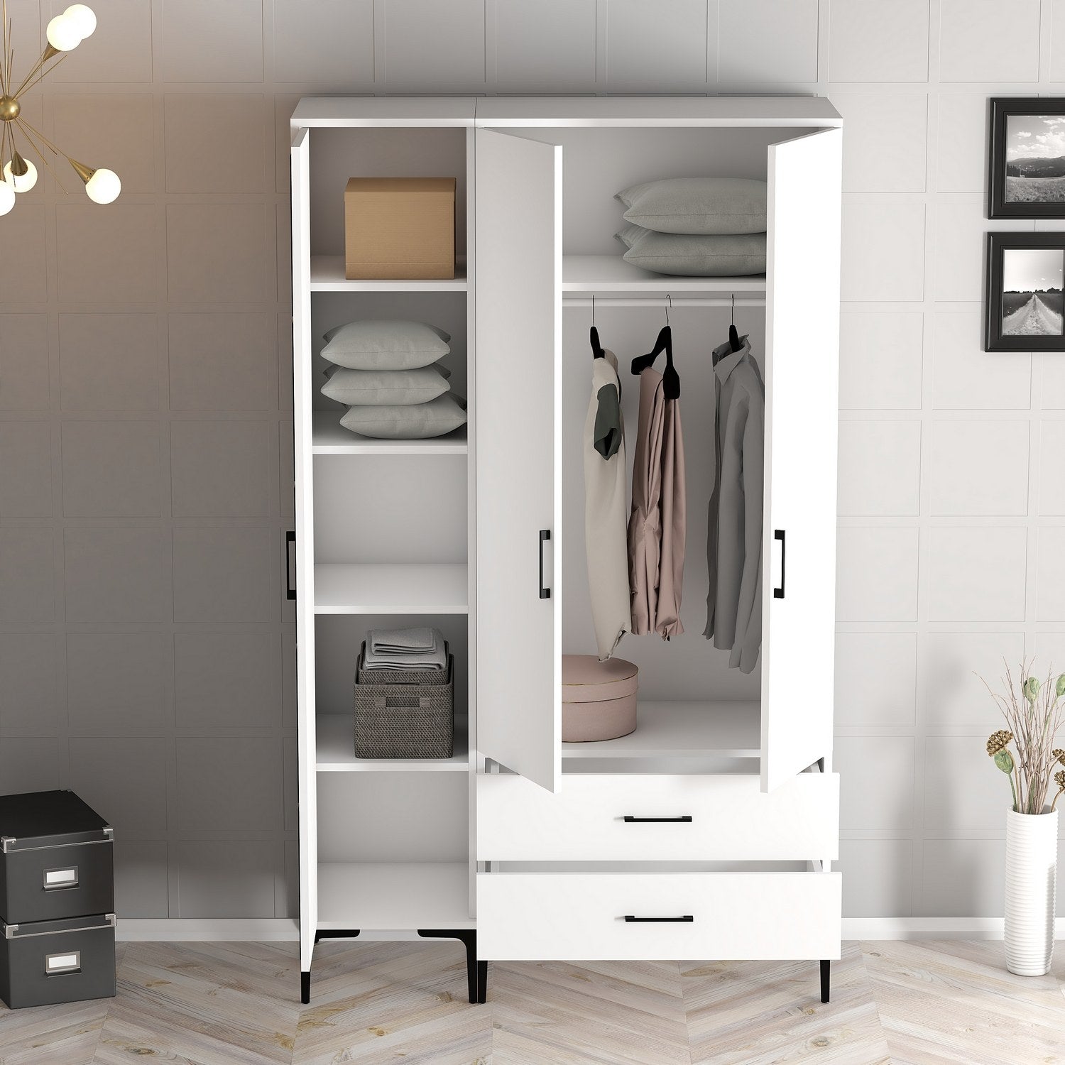 Guarda-roupa elegante – 120 cm x 201,4 cm x 47,5 cm – Branco – Painel de partículas revestido a melamina