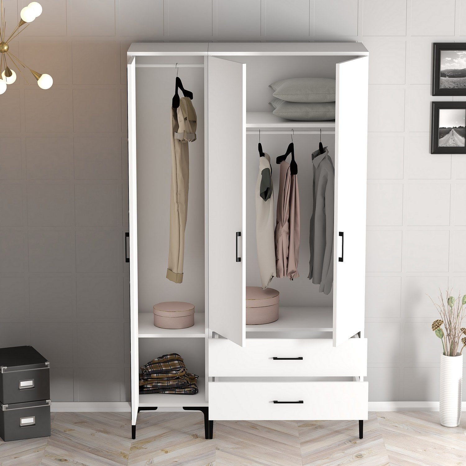 Guarda-roupa elegante – 120 cm x 201,4 cm x 47,5 cm – Branco – Painel de partículas revestido a melamina