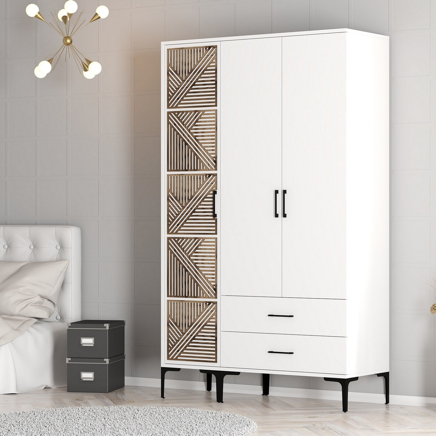 Guarda-roupa elegante – 120 cm x 201,4 cm x 47,5 cm – Branco – Painel de partículas revestido a melamina