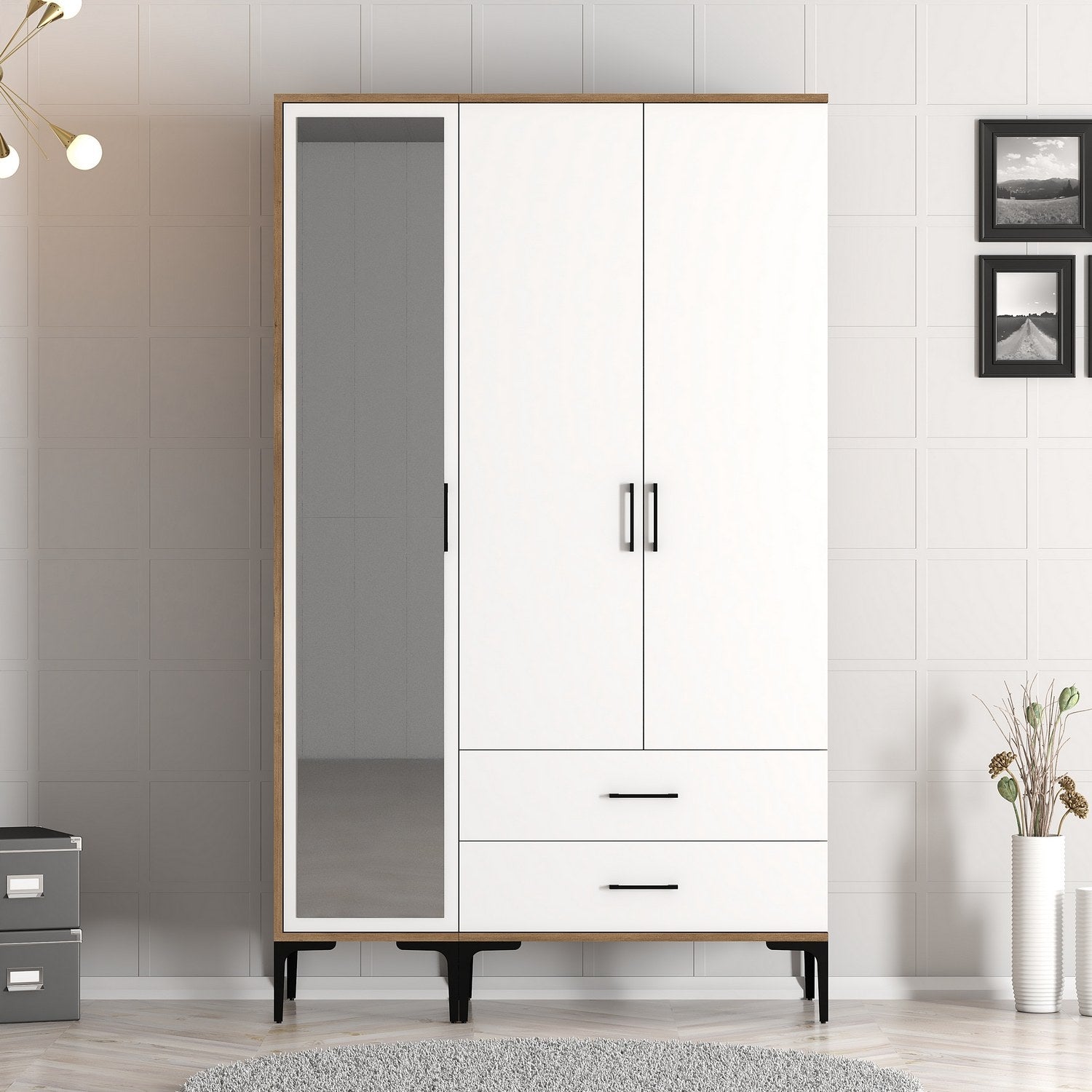 Guarda-roupa elegante – 120 cm x 201,4 cm x 47,5 cm – Nogueira e Branco – Painéis de partículas revestidos a melamina