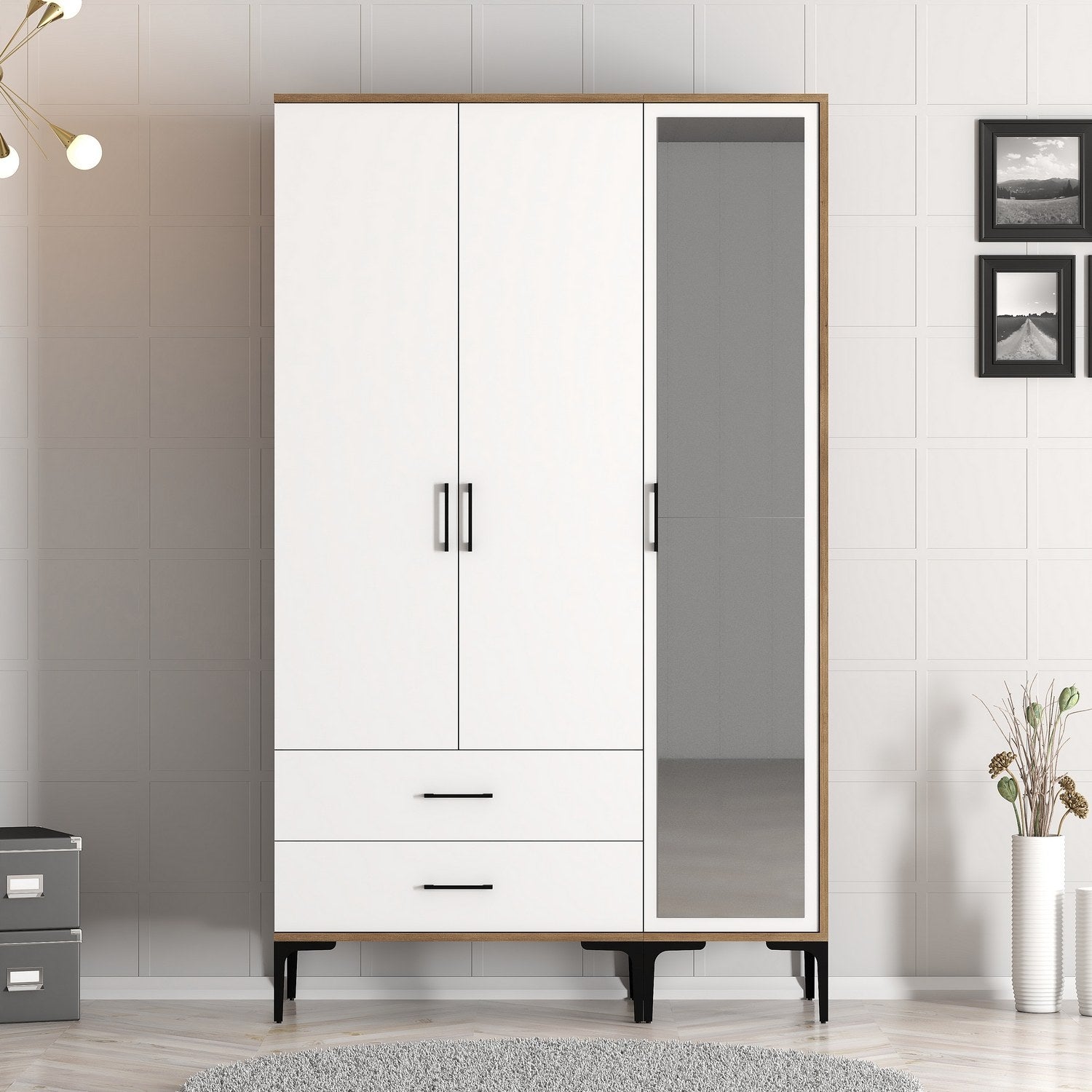 Guarda-roupa elegante – 120 cm x 201,4 cm x 47,5 cm – Nogueira e Branco – Painéis de partículas revestidos a melamina