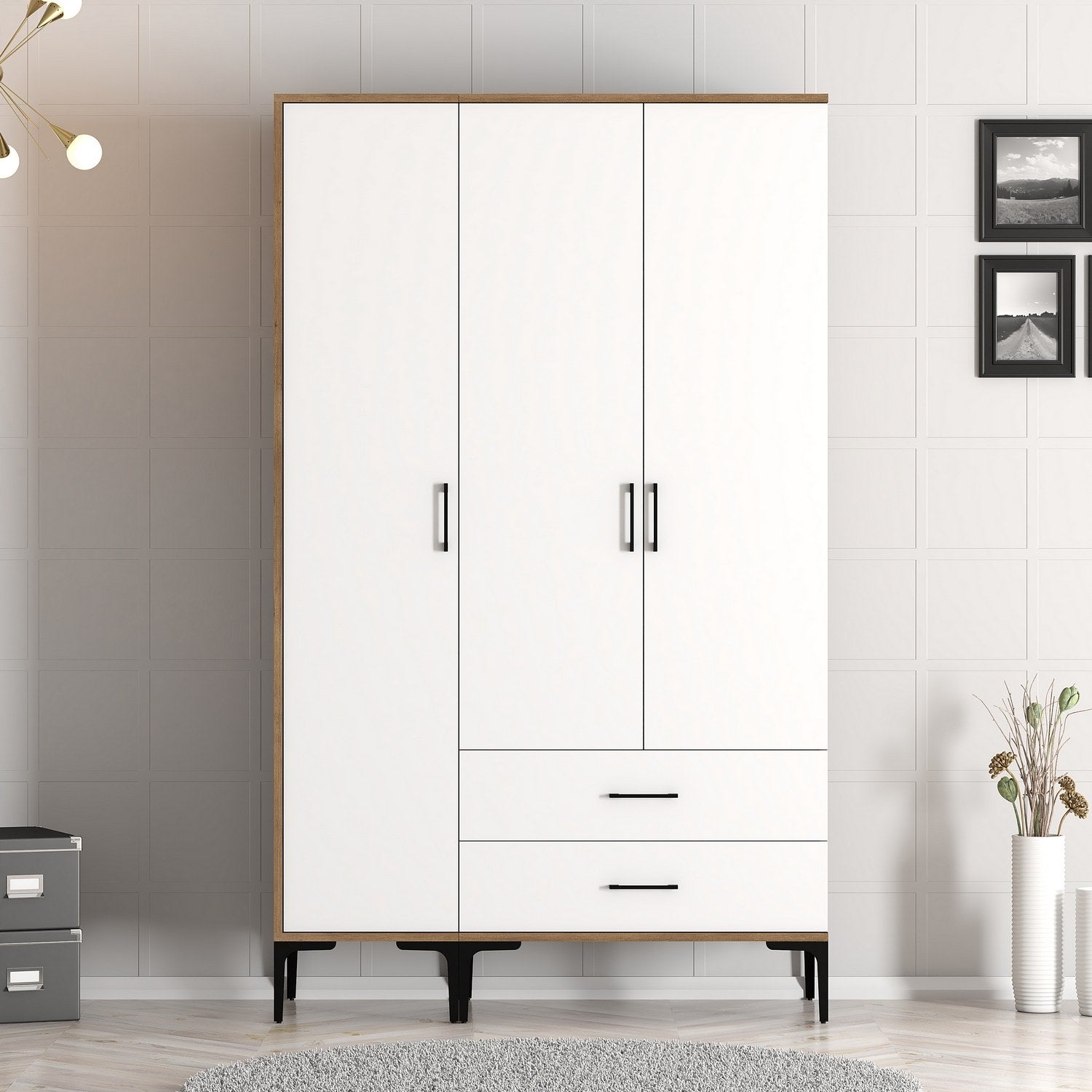 Guarda-roupa elegante – 120 cm x 201,4 cm x 47,5 cm – nogueira e branco – painel de partículas revestido em melamina