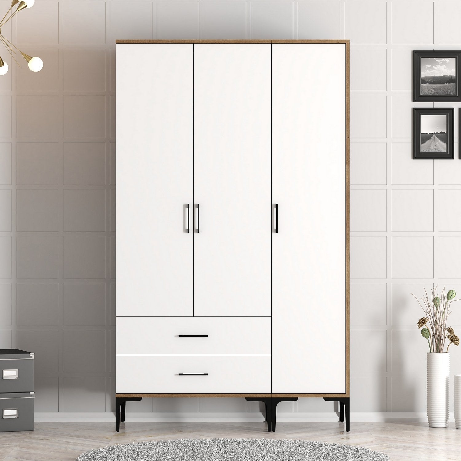 Guarda-roupa elegante – 120 cm x 201,4 cm x 47,5 cm – nogueira e branco – painel de partículas revestido em melamina