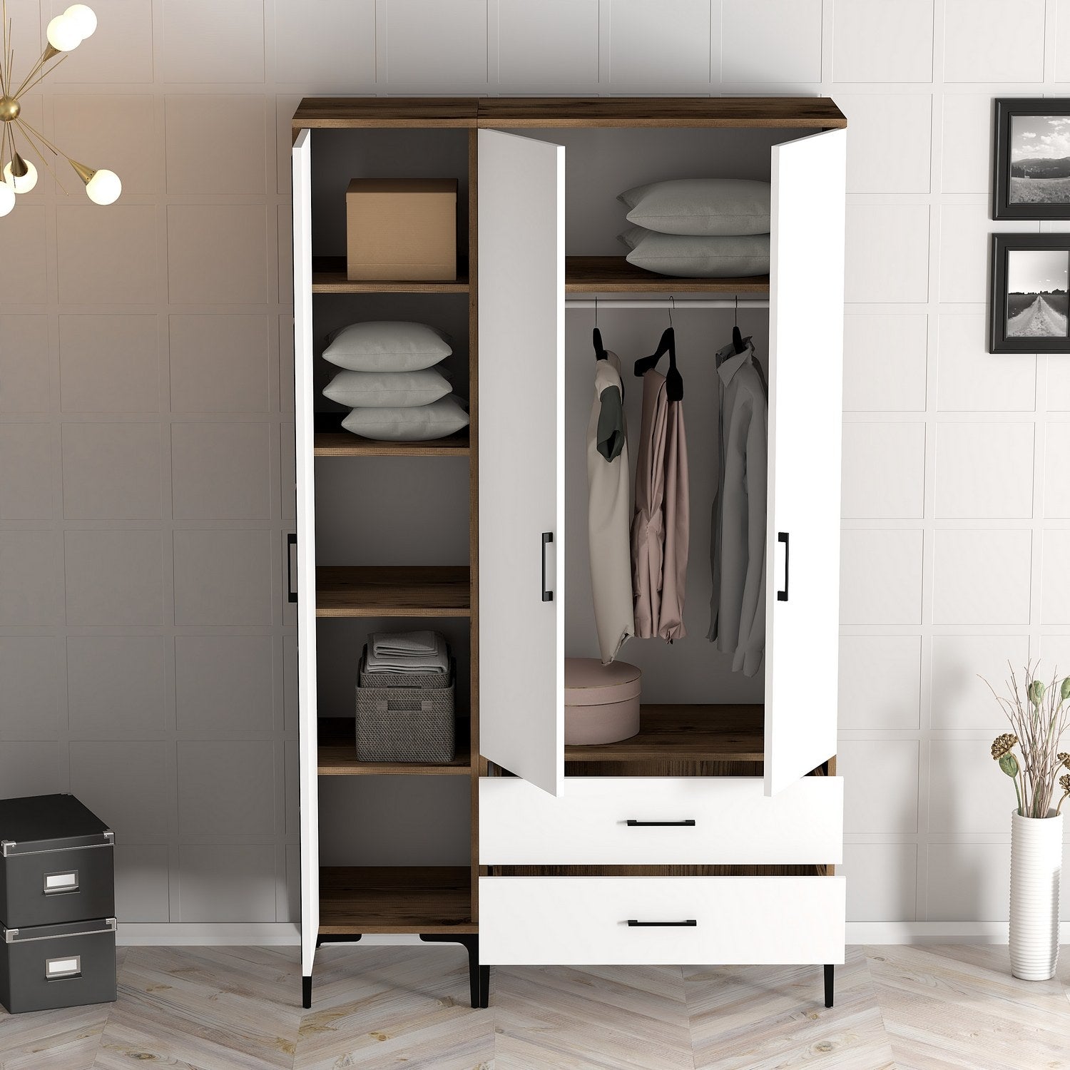 Guarda-roupa elegante – 120 cm x 201,4 cm x 47,5 cm – nogueira e branco – painel de partículas revestido em melamina