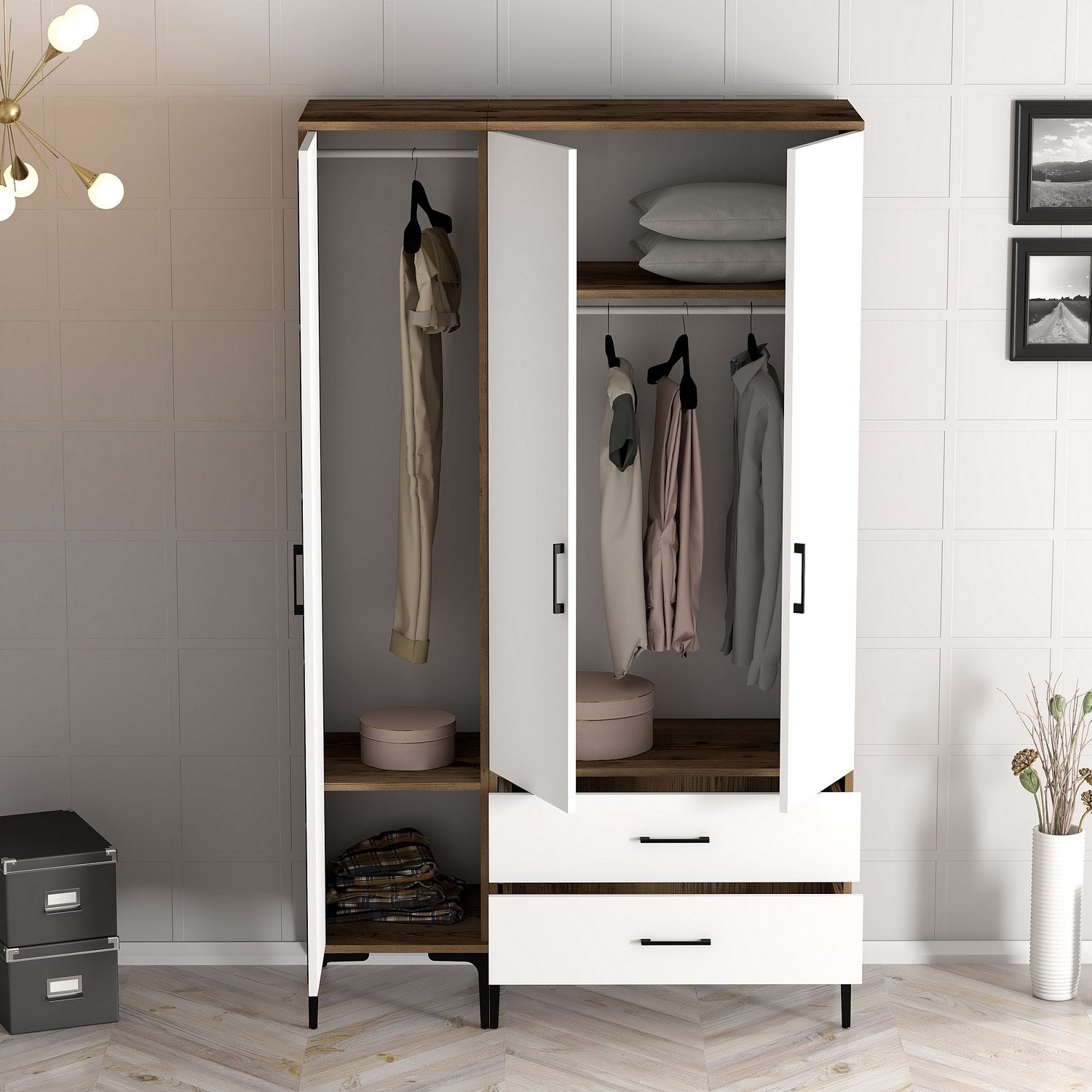 Guarda-roupa elegante – 120 cm x 201,4 cm x 47,5 cm – nogueira e branco – painel de partículas revestido em melamina