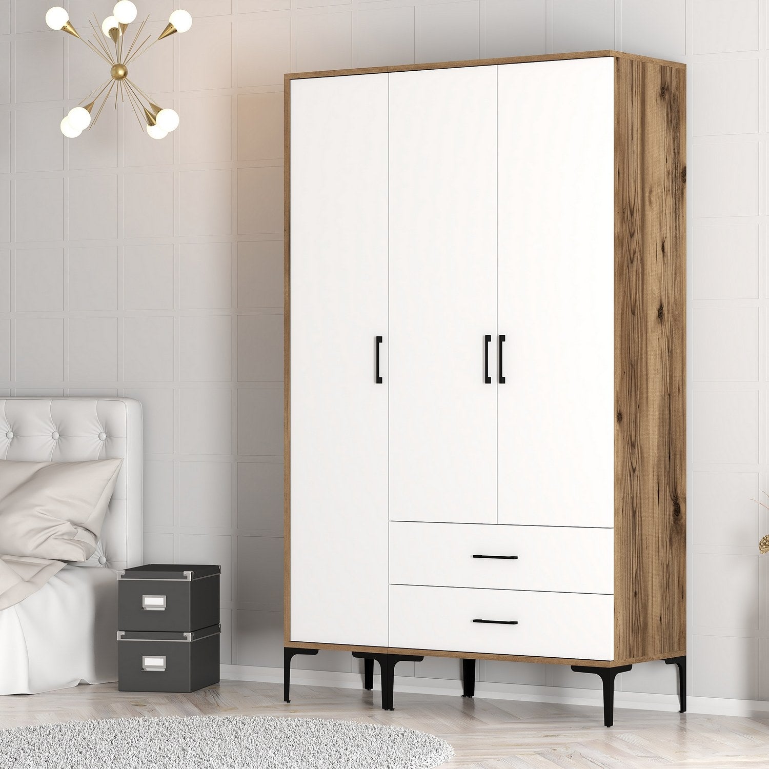 Guarda-roupa elegante – 120 cm x 201,4 cm x 47,5 cm – nogueira e branco – painel de partículas revestido em melamina