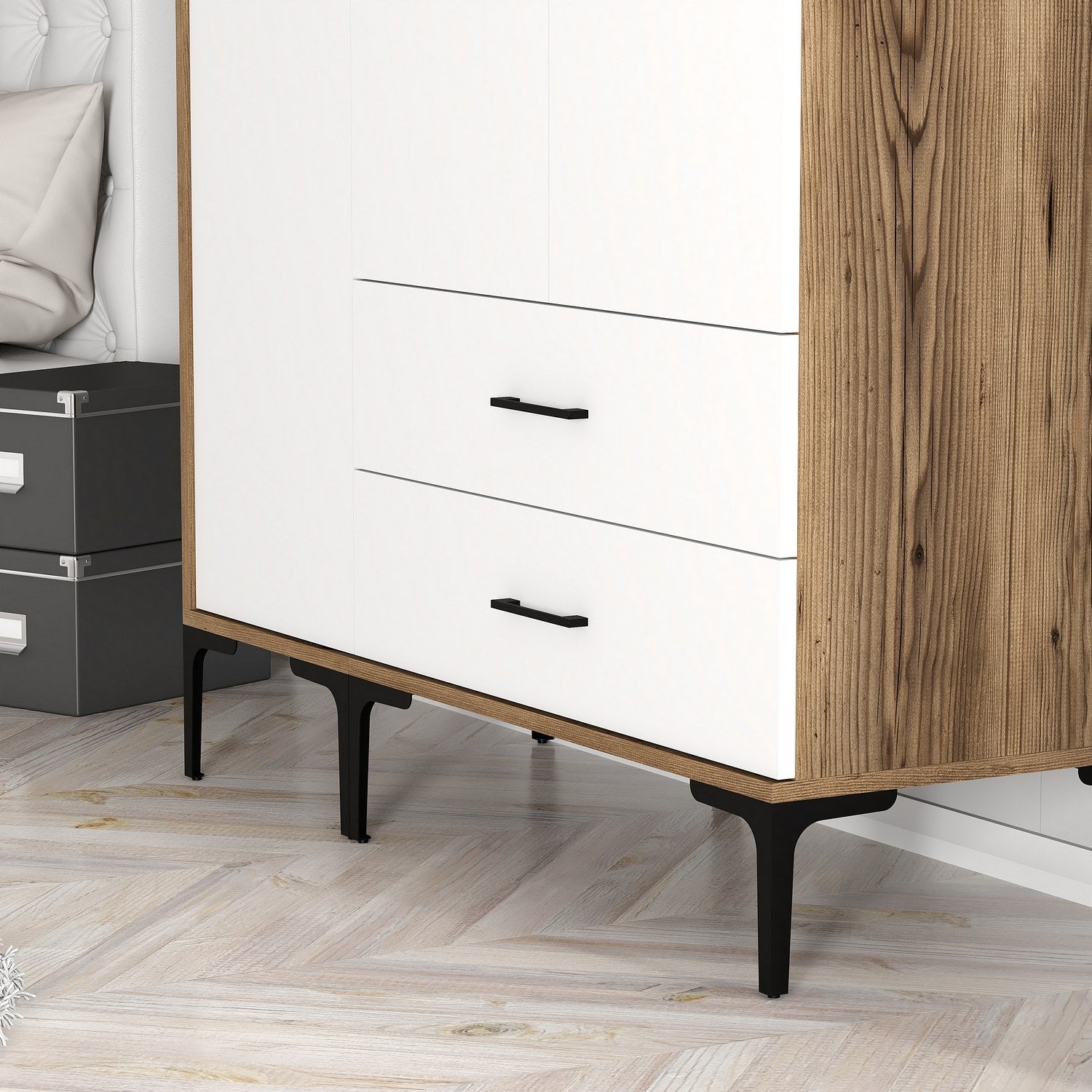 Guarda-roupa elegante – 120 cm x 201,4 cm x 47,5 cm – nogueira e branco – painel de partículas revestido em melamina