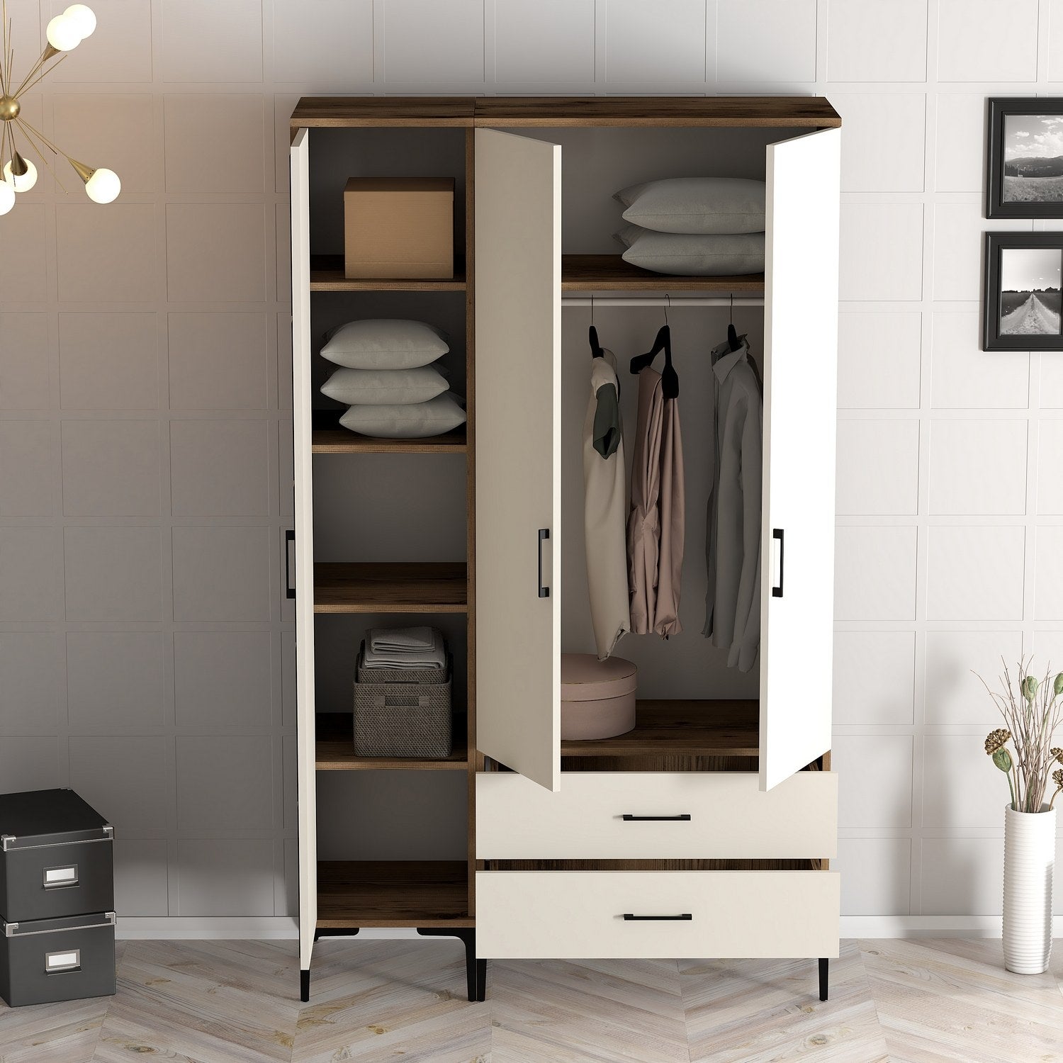 Guarda-roupa em nogueira e creme – 120 cm x 201,4 cm x 47,5 cm – material de partículas revestido em melamina