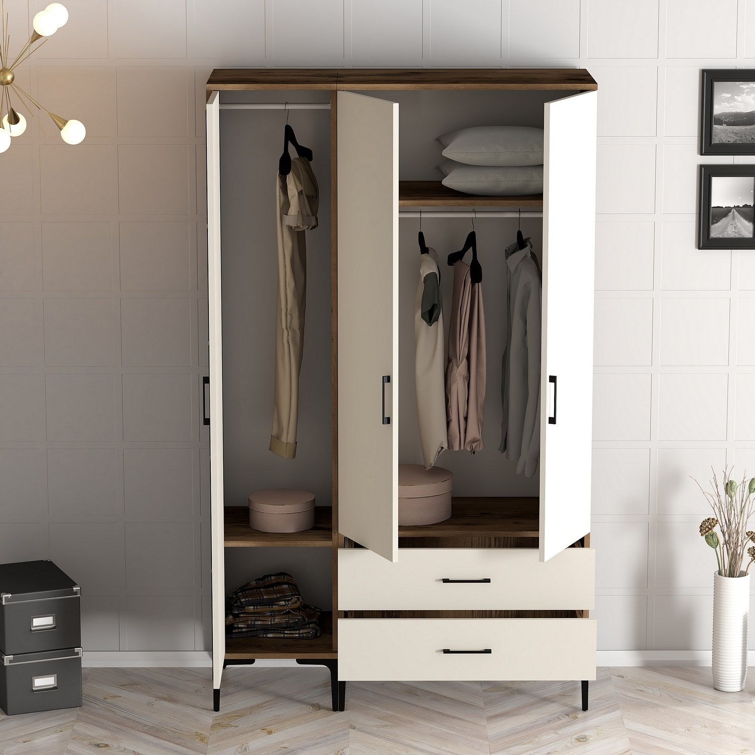 Guarda-roupa em nogueira e creme – 120 cm x 201,4 cm x 47,5 cm – material de partículas revestido em melamina