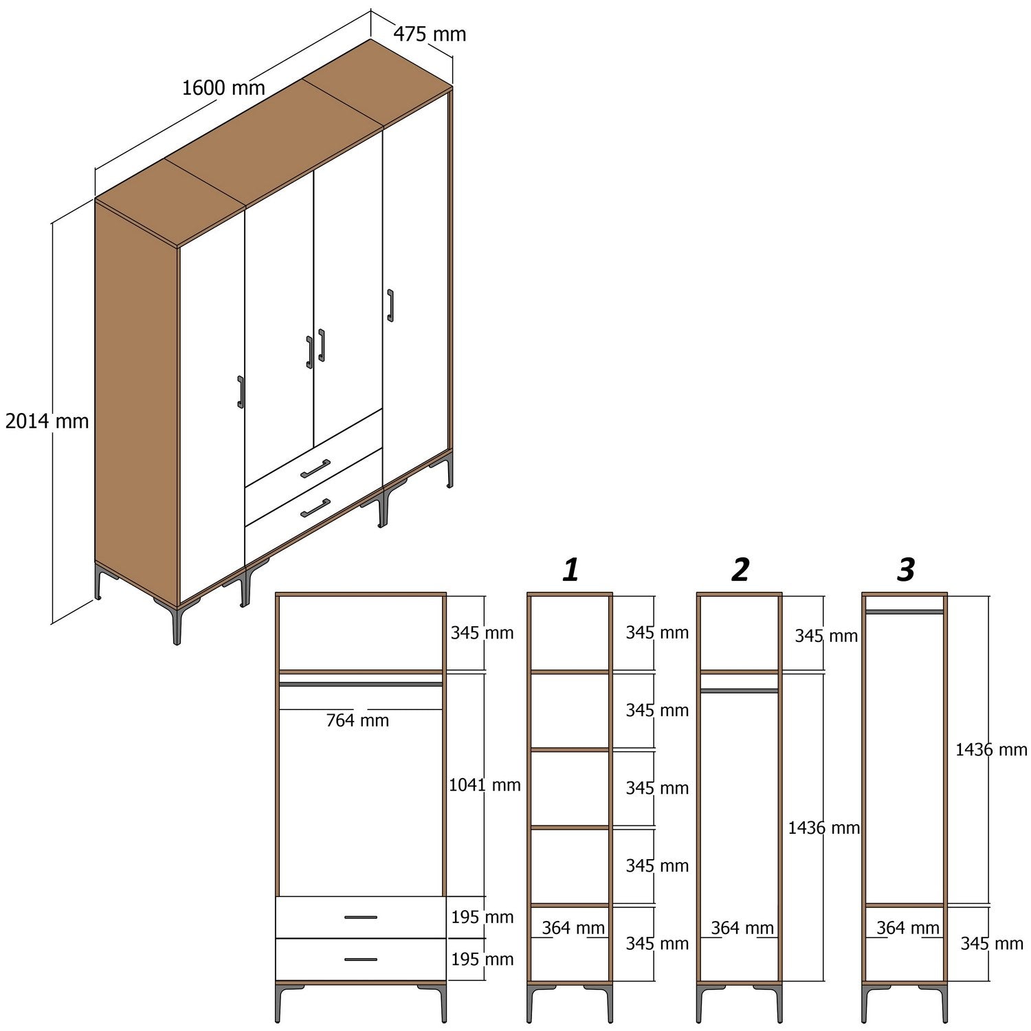 Guarda-roupa elegante – 160 x 201,4 x 47,5 cm – nogueira e antracite – painel de partículas com revestimento a melamina