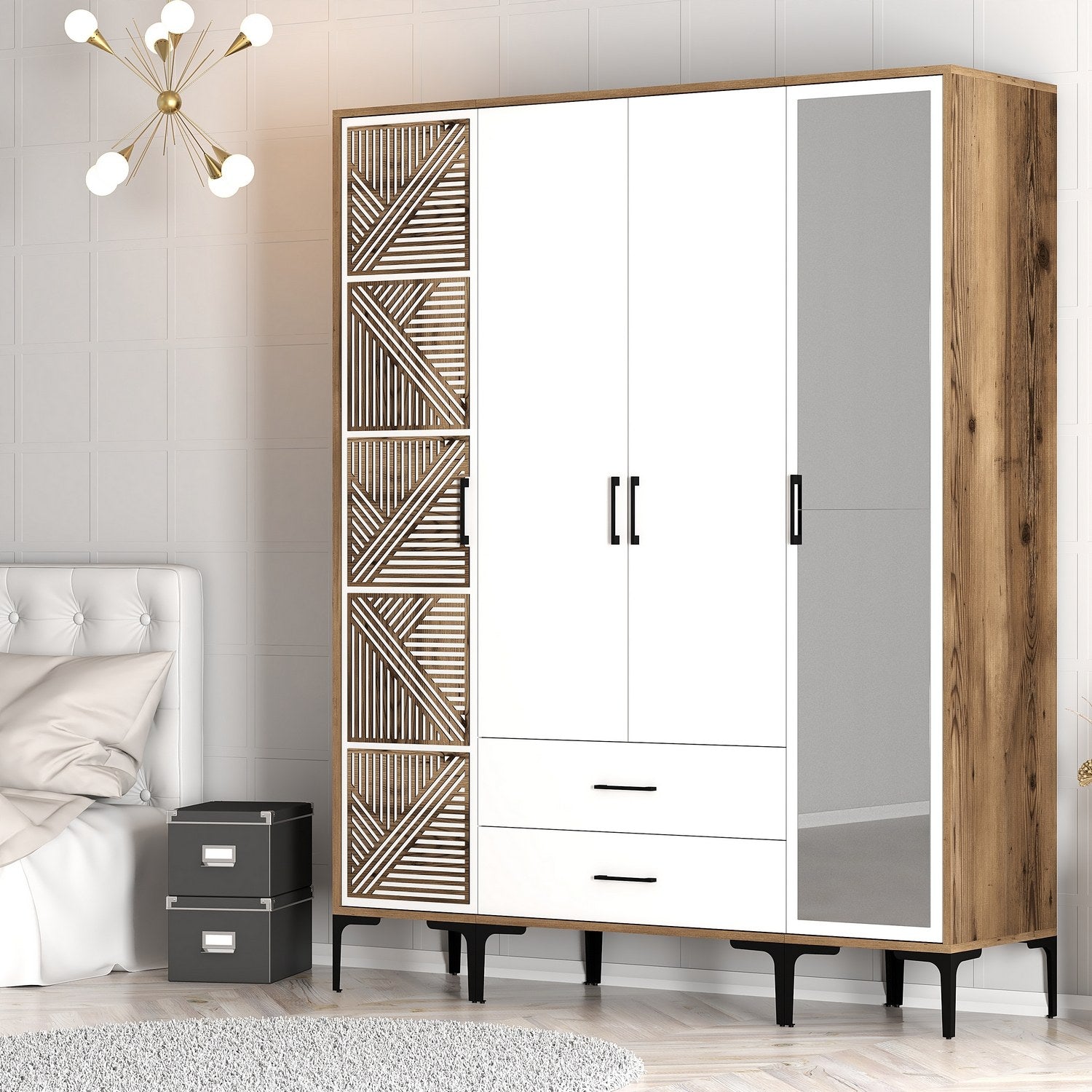 Guarda-roupa elegante – 160 cm x 201,4 cm x 47,5 cm – nogueira e branco – painel de partículas revestido a melamina