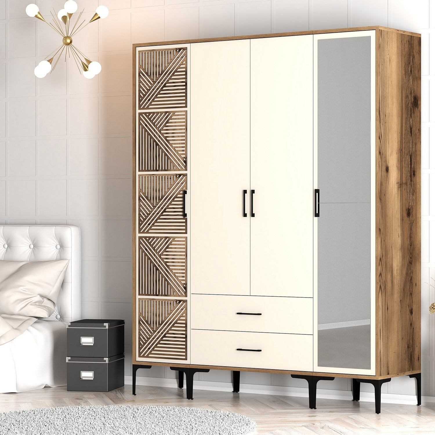 Guarda-roupa – 160 cm x 201,4 cm x 47,5 cm – nogueira e creme – painel de partículas revestido em melamina