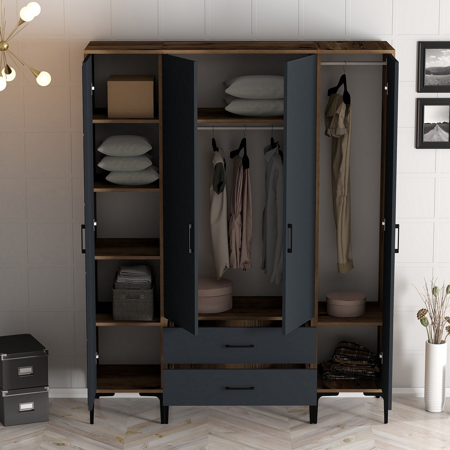 Guarda-roupa elegante – 160 x 201,4 x 47,5 cm – nogueira e antracite – painel de partículas