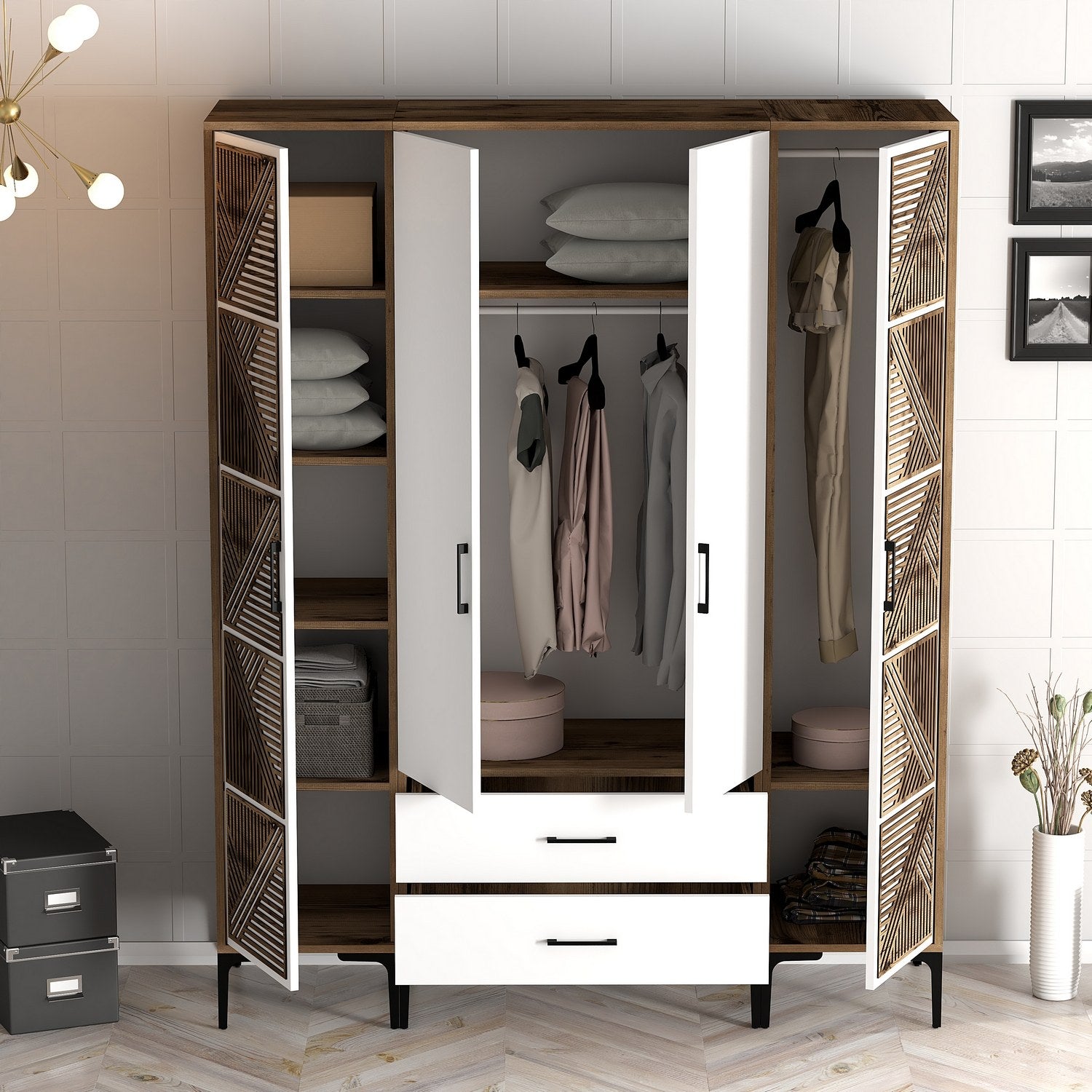 Guarda-roupa em nogueira e branco – 160 cm x 201,4 cm x 47,5 cm – 100% placa de partículas revestida em melamina