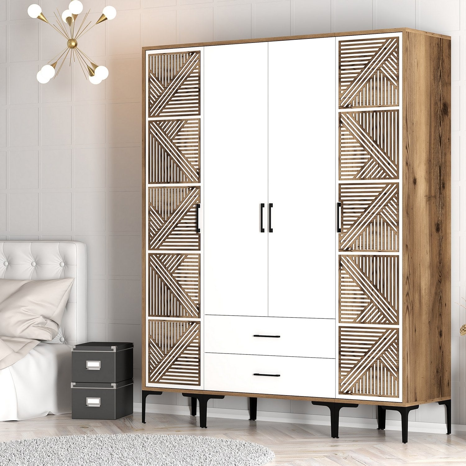 Guarda-roupa em nogueira e branco – 160 cm x 201,4 cm x 47,5 cm – 100% placa de partículas revestida em melamina