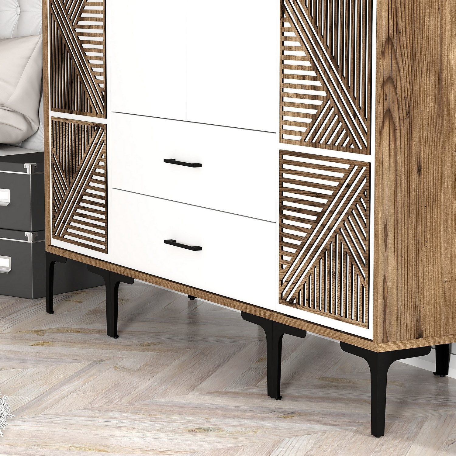 Guarda-roupa em nogueira e branco – 160 cm x 201,4 cm x 47,5 cm – 100% placa de partículas revestida em melamina