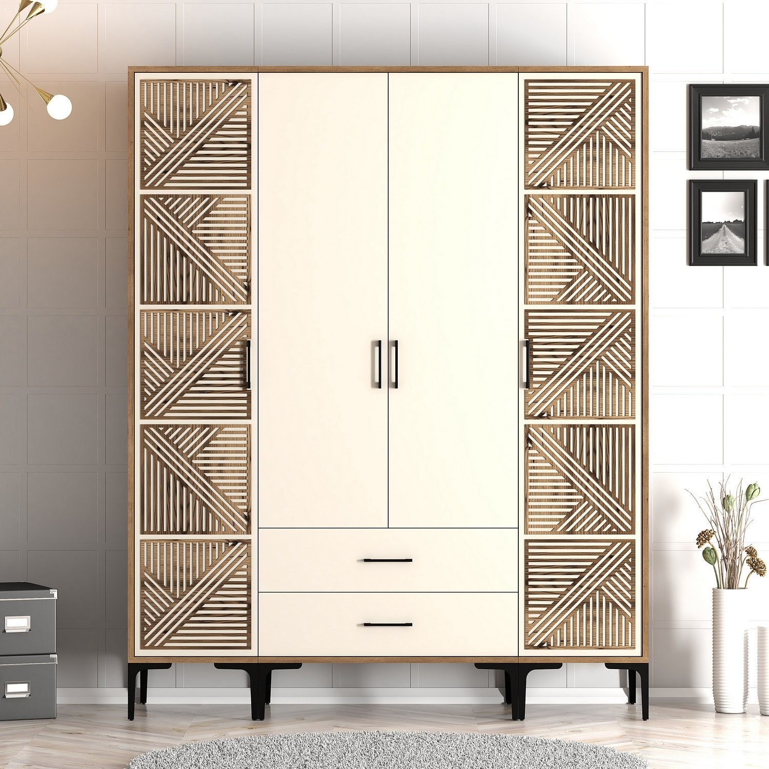 Guarda-roupa em nogueira e creme – 160 cm x 201,4 cm x 47,5 cm – painel de partículas