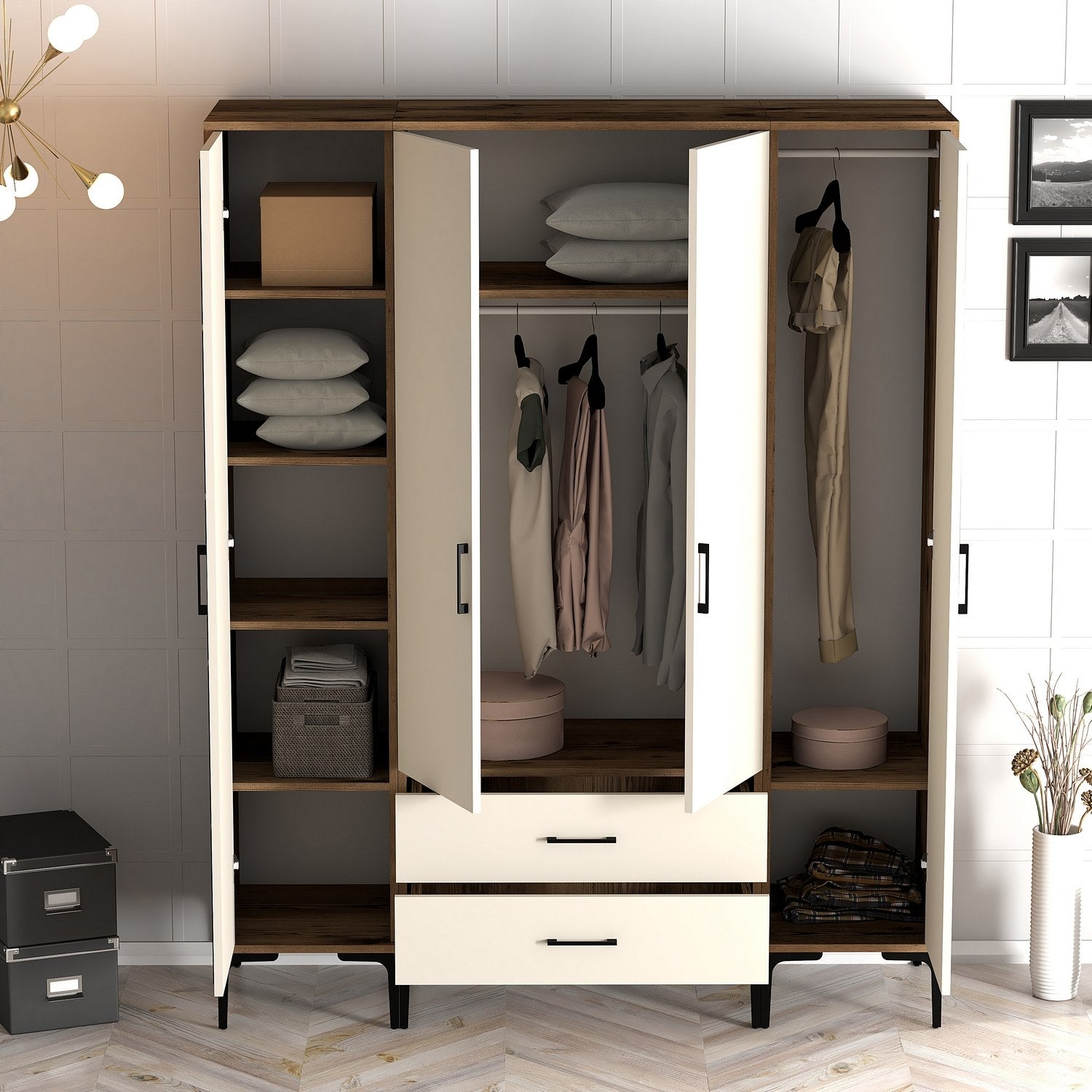 Guarda-roupa em nogueira e creme – 160 cm x 201,4 cm x 47,5 cm – painel de partículas
