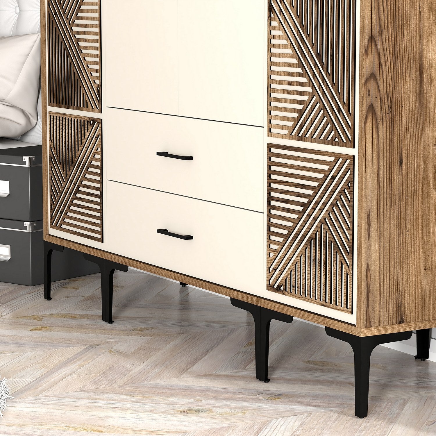 Guarda-roupa em nogueira e creme – 160 cm x 201,4 cm x 47,5 cm – painel de partículas