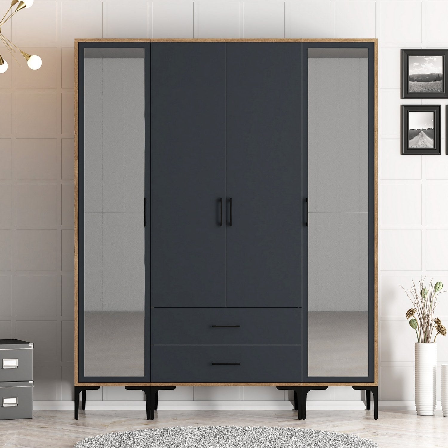 Guarda-roupa de partículas revestido de melamina – 160 x 201,4 x 47,5 cm – Nogueira e antracite