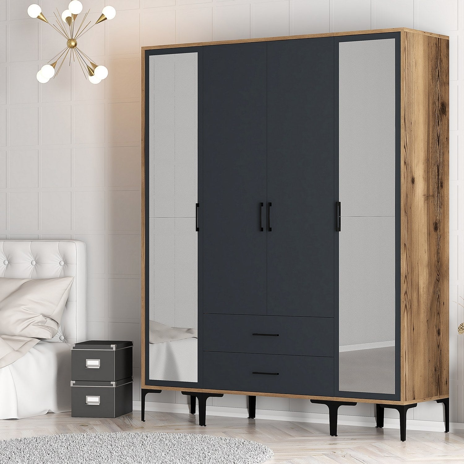 Guarda-roupa de partículas revestido de melamina – 160 x 201,4 x 47,5 cm – Nogueira e antracite