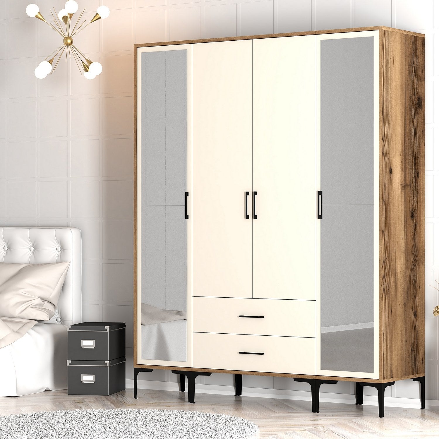 Guarda-roupa elegante em nogueira e creme – 160 cm x 201,4 cm x 47,5 cm – material em placa de partículas revestida de melamina