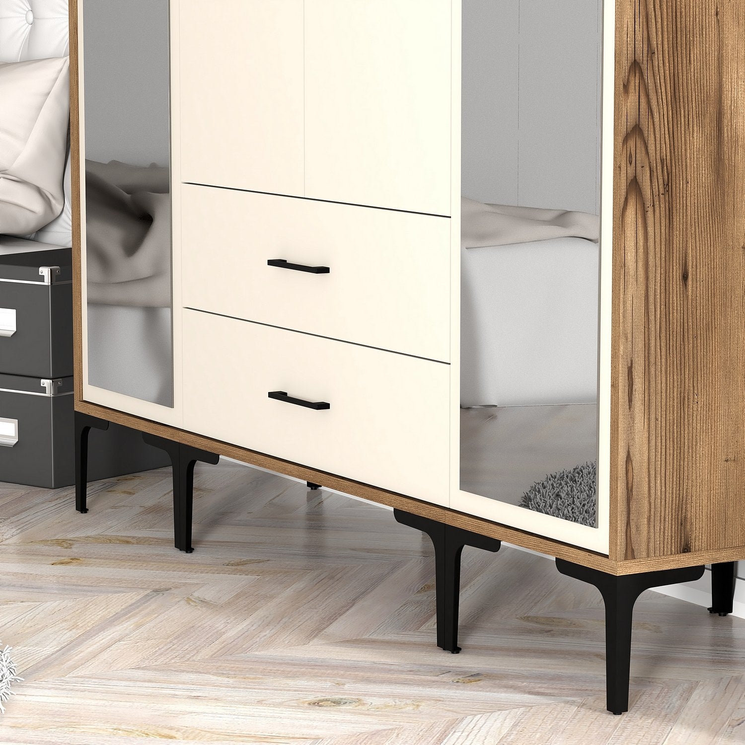 Guarda-roupa elegante em nogueira e creme – 160 cm x 201,4 cm x 47,5 cm – material em placa de partículas revestida de melamina