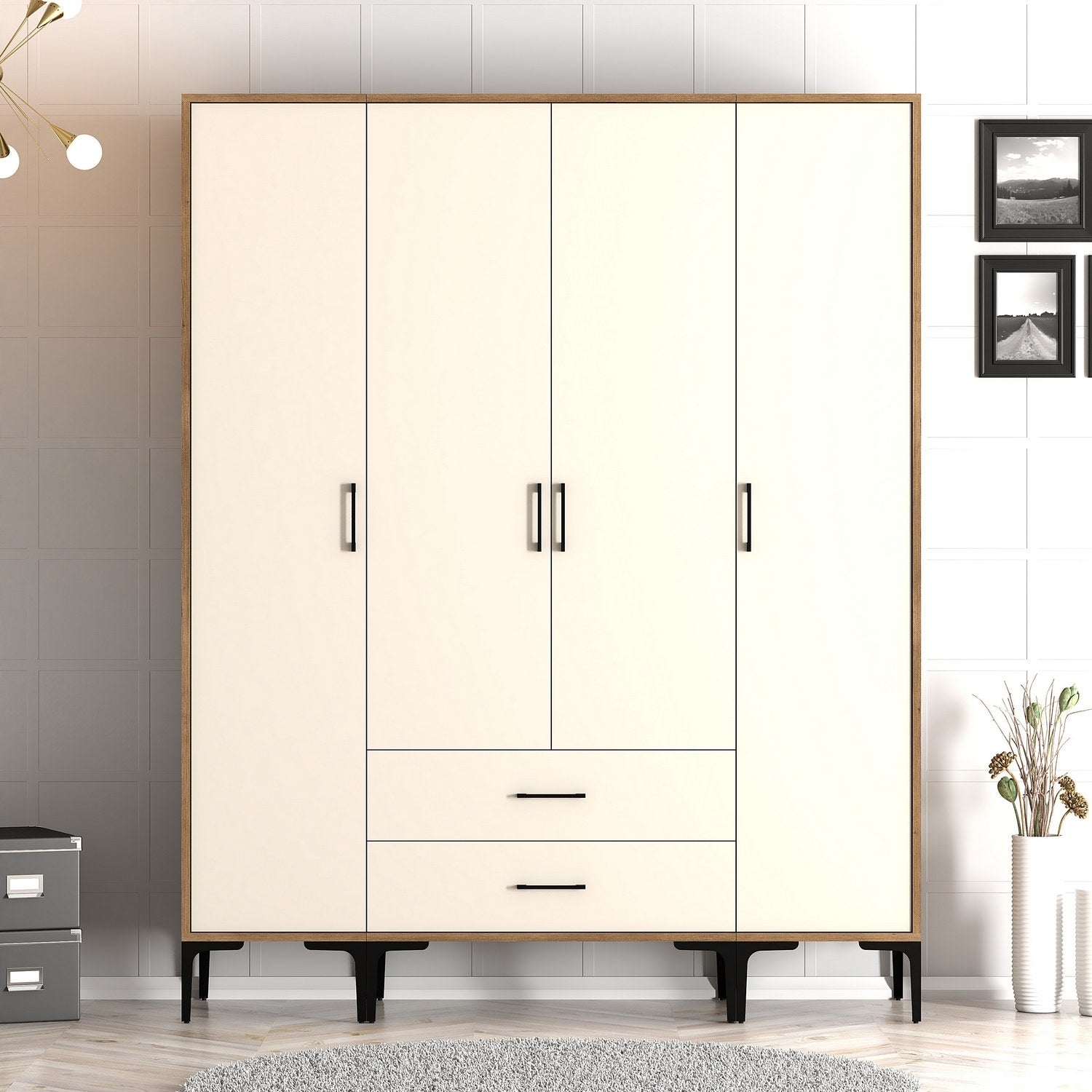 Guarda-roupa – 160 cm x 201,4 cm x 47,5 cm – Nogueira e creme – Madeira de partículas com revestimento em melamina