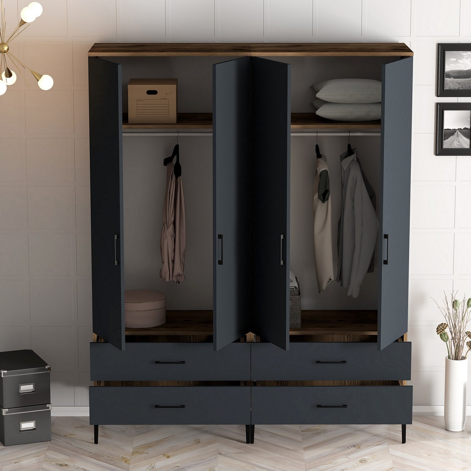 Guarda-roupa – 160 x 201,4 x 47,5 cm – Nogueira e Antracite – Painel de partículas revestido de melamina