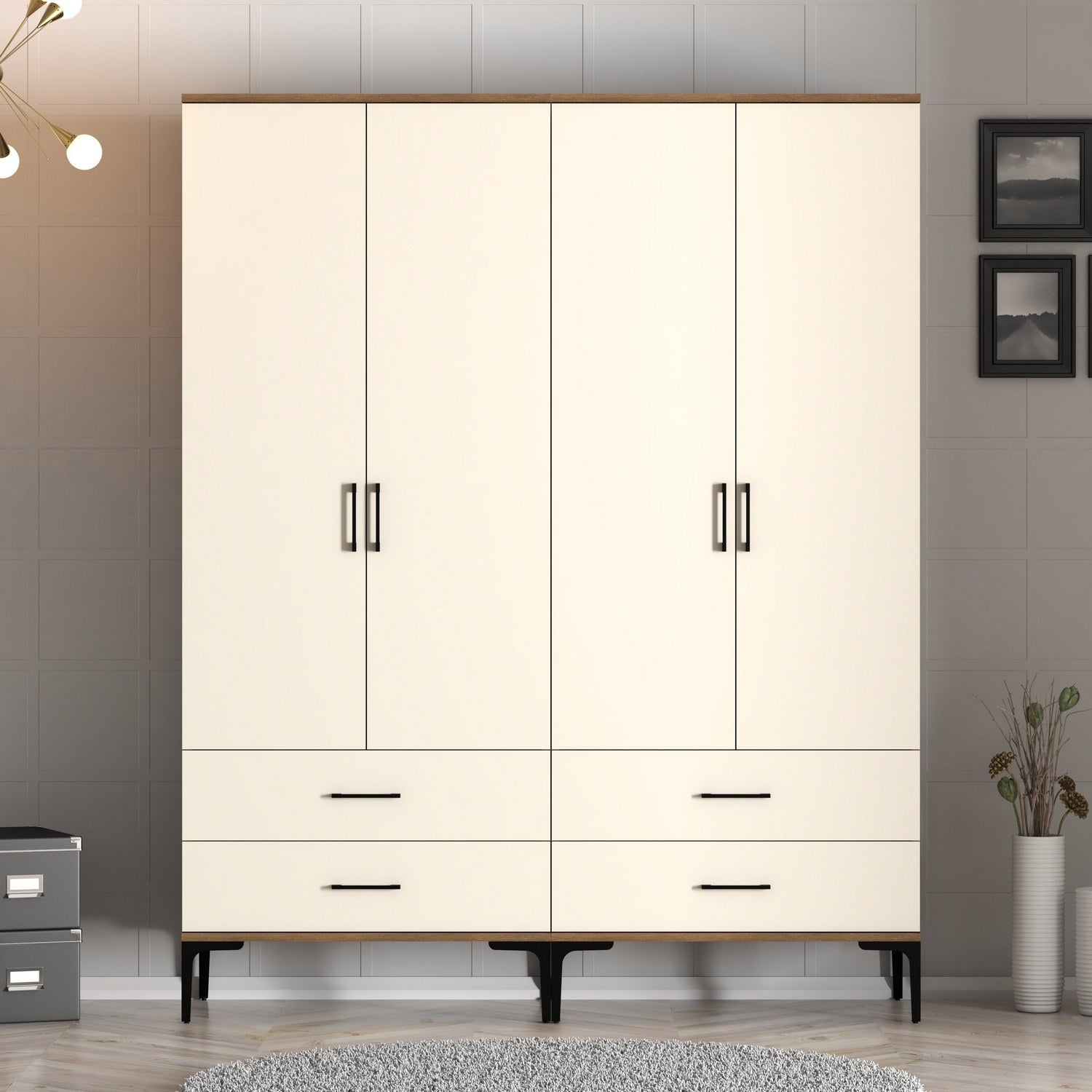 Guarda-roupa – 160 cm x 201,4 cm x 47,5 cm – Nogueira e creme – Painel de partículas revestido em melamina