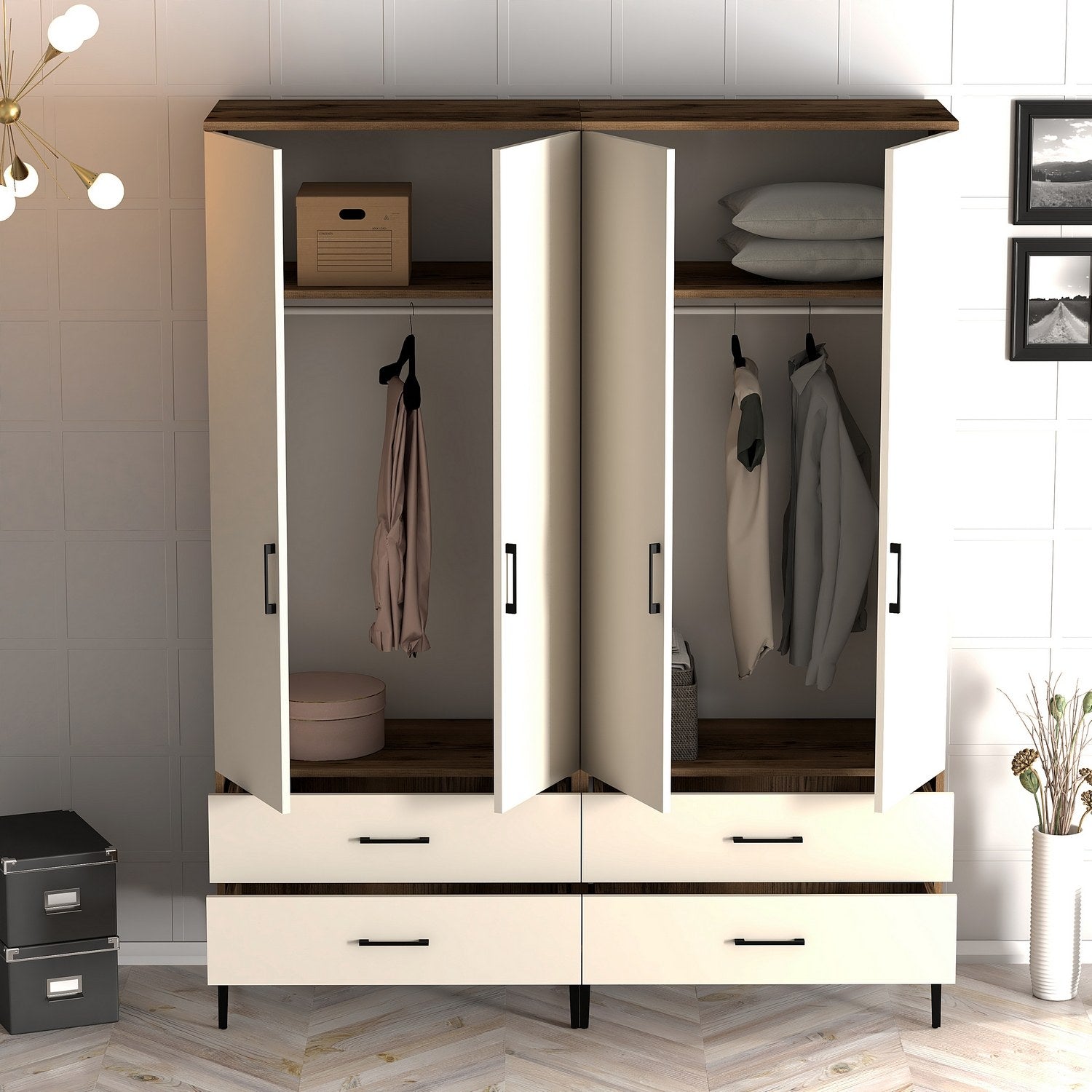 Guarda-roupa – 160 cm x 201,4 cm x 47,5 cm – Nogueira e creme – Painel de partículas revestido em melamina