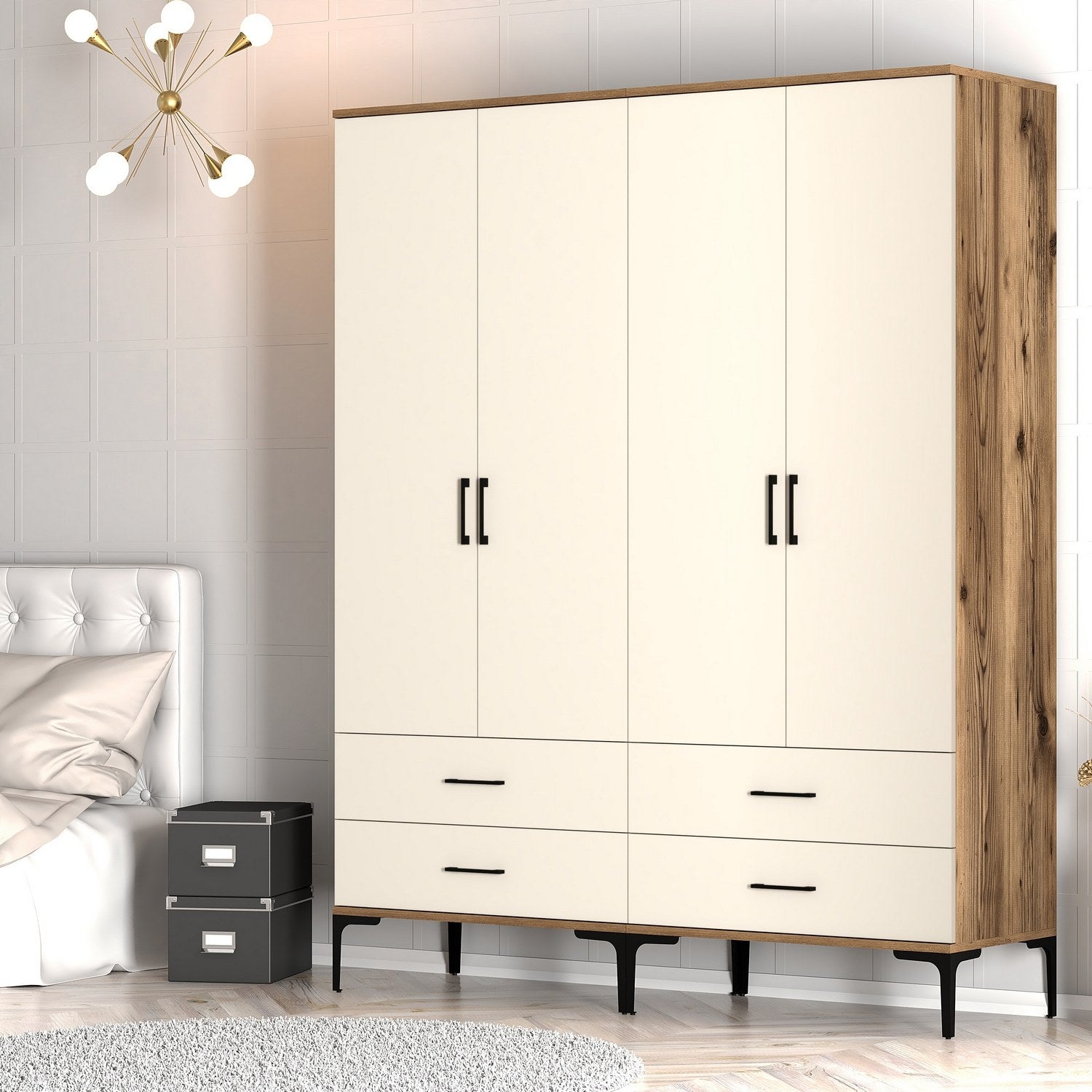 Guarda-roupa – 160 cm x 201,4 cm x 47,5 cm – Nogueira e creme – Painel de partículas revestido em melamina