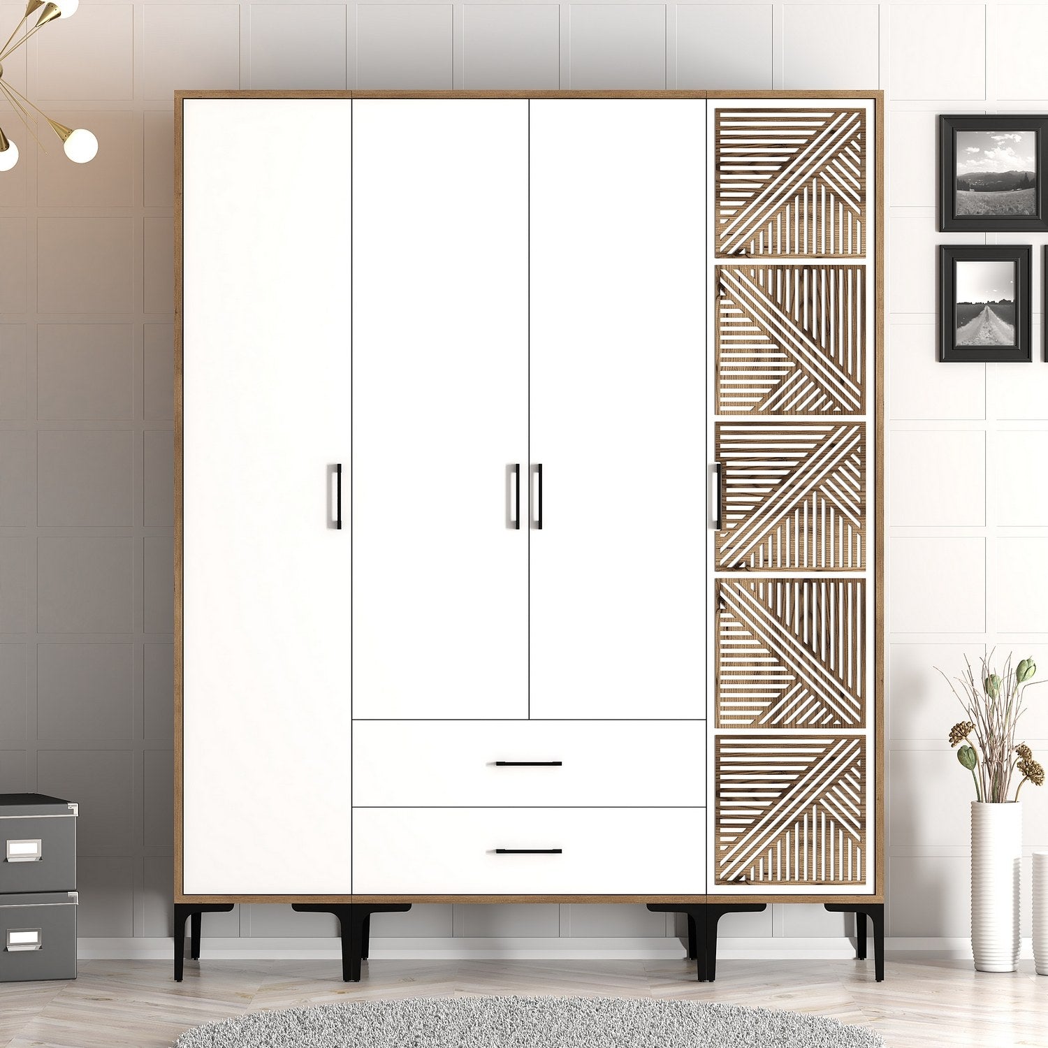 Guarda-roupa elegante – 160 cm x 201,4 cm x 47,5 cm – nogueira e branco – melamina