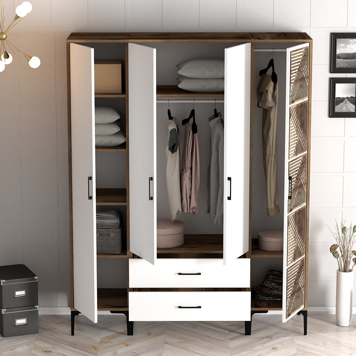 Guarda-roupa elegante – 160 cm x 201,4 cm x 47,5 cm – nogueira e branco – melamina