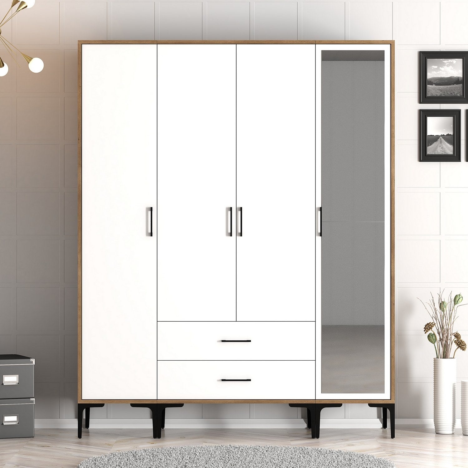 Guarda-roupa – 160 cm x 201,4 cm x 47,5 cm – nogueira e branco – partículas revestidas a melamina