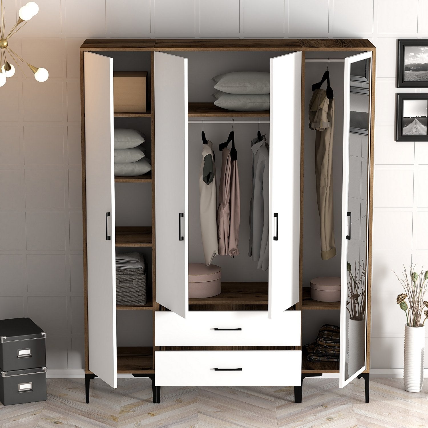 Guarda-roupa – 160 cm x 201,4 cm x 47,5 cm – nogueira e branco – partículas revestidas a melamina