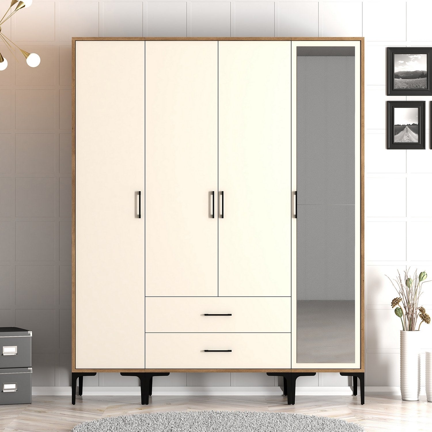 Guarda-roupa elegante em nogueira e creme – 160 cm x 201,4 cm x 47,5 cm – revestido em melamina