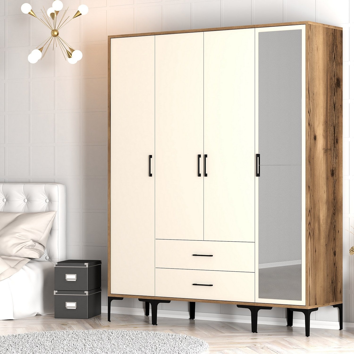 Guarda-roupa elegante em nogueira e creme – 160 cm x 201,4 cm x 47,5 cm – revestido em melamina