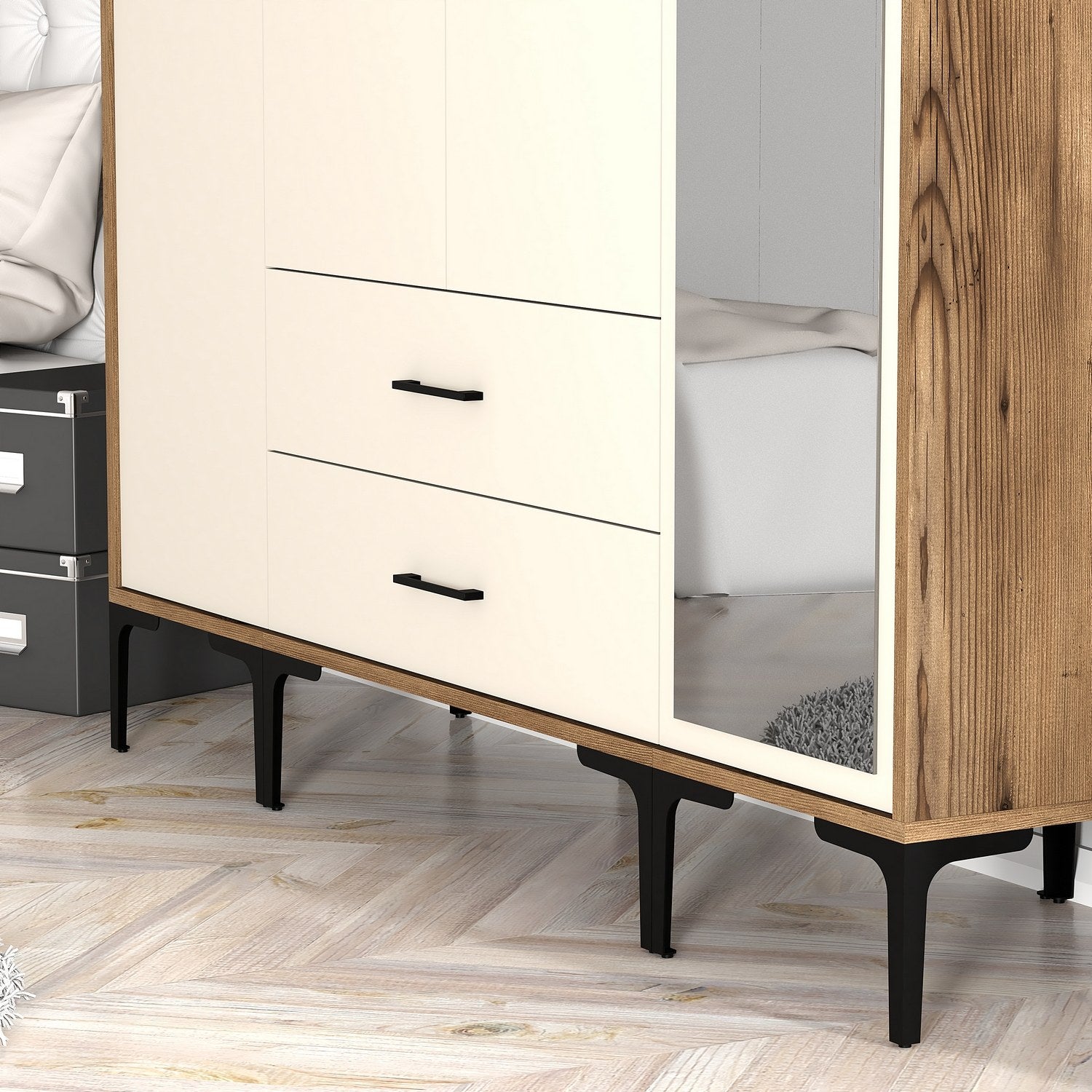 Guarda-roupa elegante em nogueira e creme – 160 cm x 201,4 cm x 47,5 cm – revestido em melamina