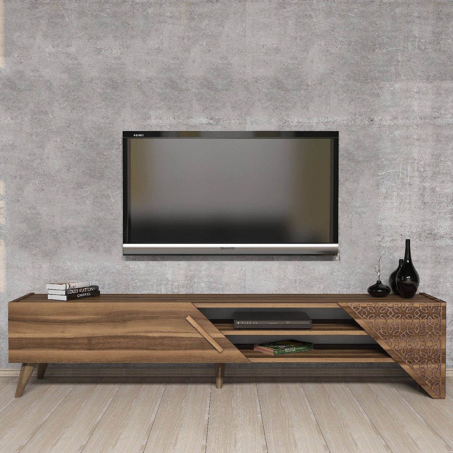 Móvel de TV elegante – 180 cm x 37 cm x 40 cm – nogueira – painel de partículas revestido a melamina