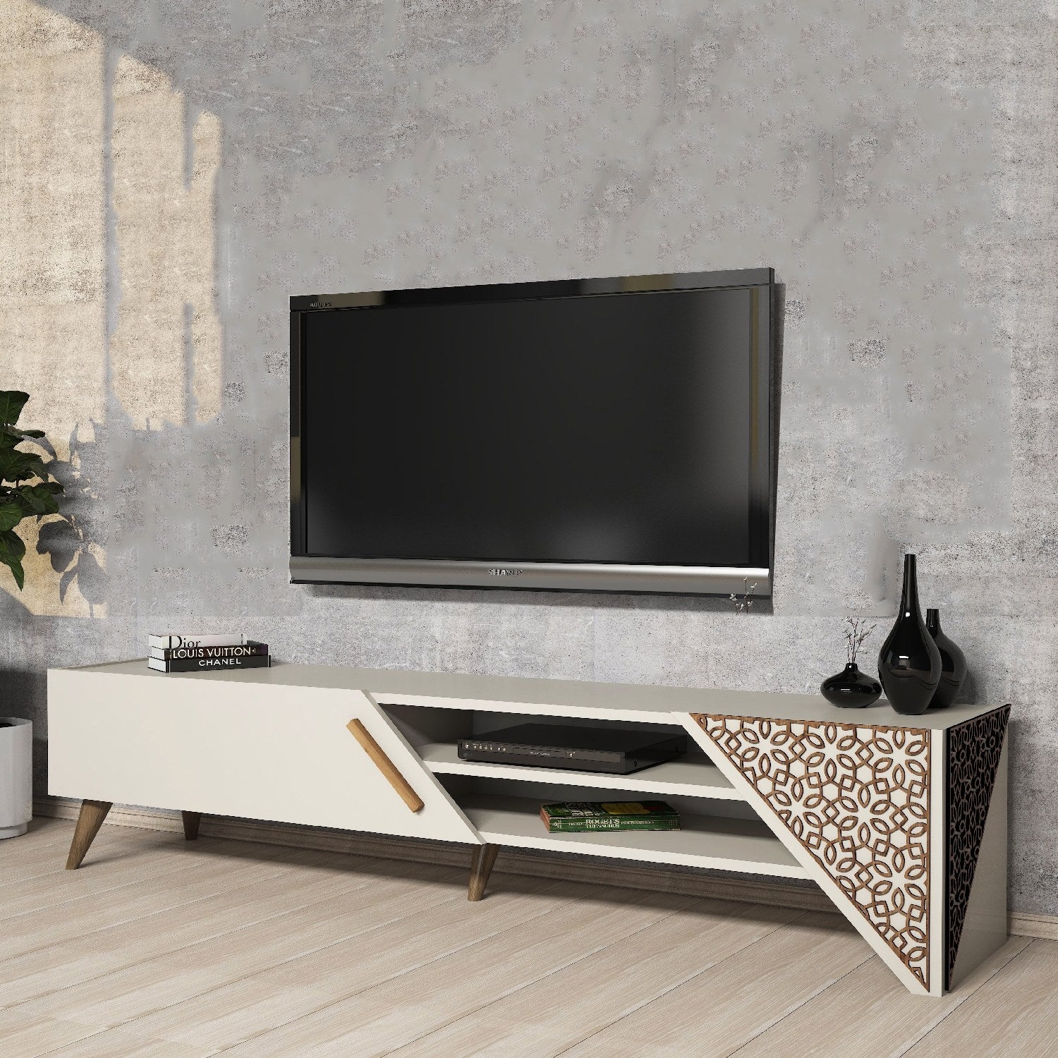 Móvel de TV – 180 cm de largura, 37 cm de altura, 40 cm de profundidade – creme – painel de partículas revestido a melamina