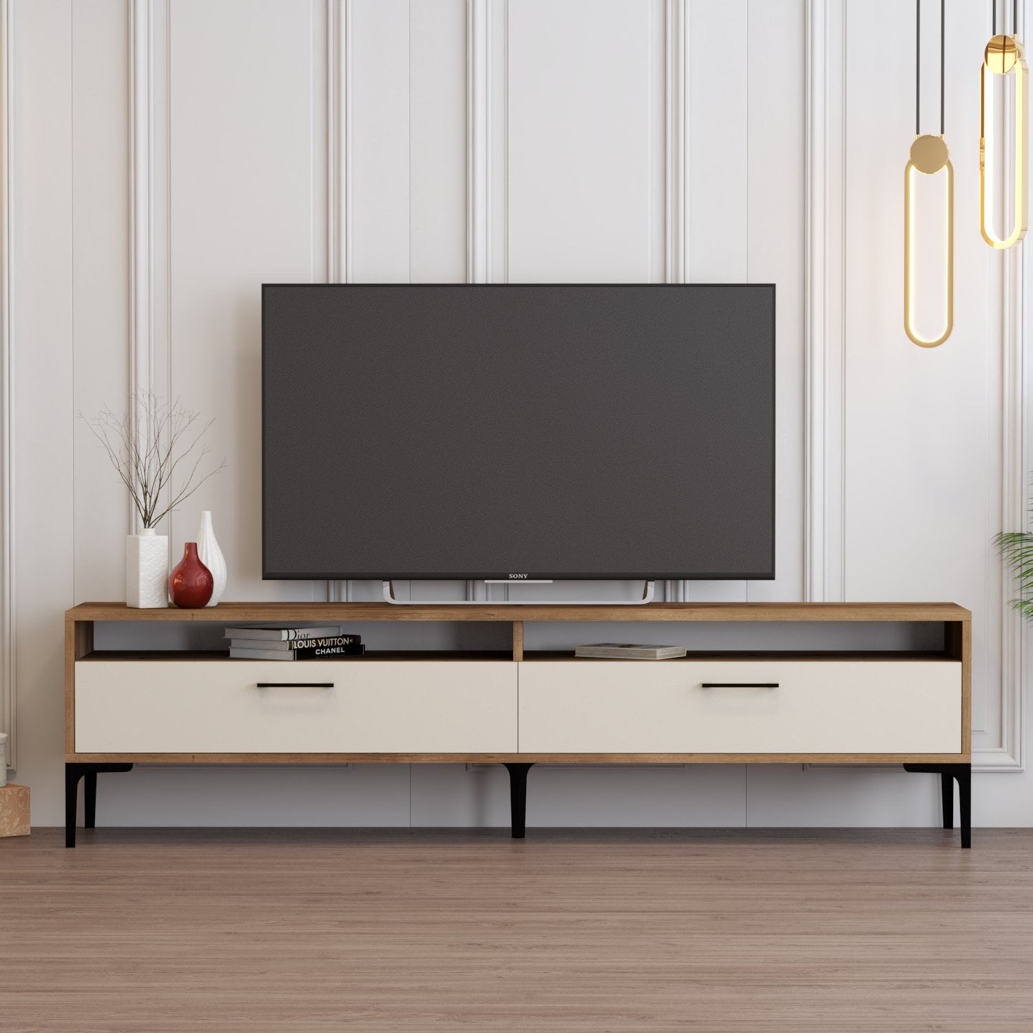Móvel de TV – 180 x 35 x 47 cm – nogueira e creme – painel de partículas revestido em melamina