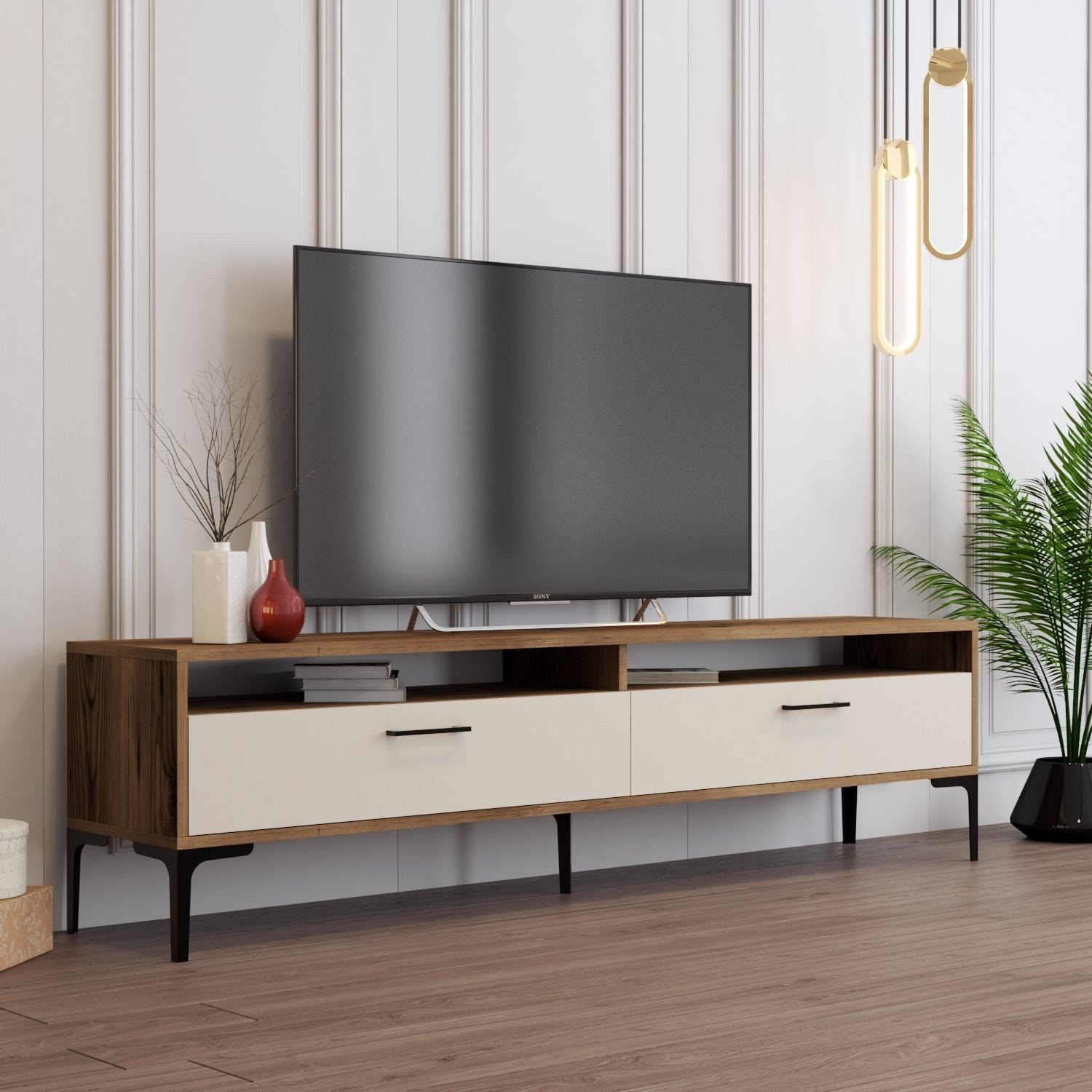 Móvel de TV – 180 x 35 x 47 cm – nogueira e creme – painel de partículas revestido em melamina