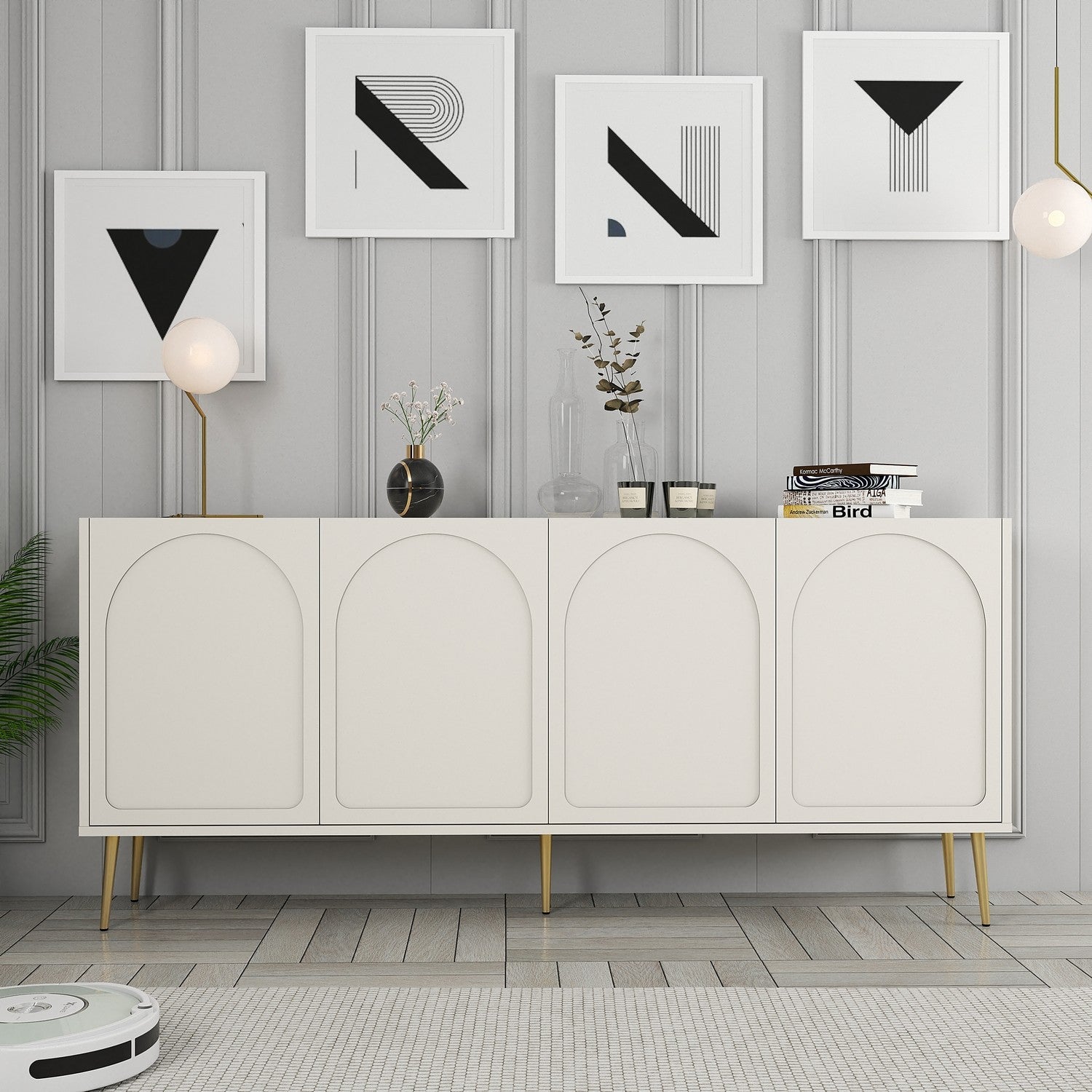 Aparador Elegante em Creme e Dourado – 180 x 80 x 35 cm – Aglomerado de partículas revestido a melamina
