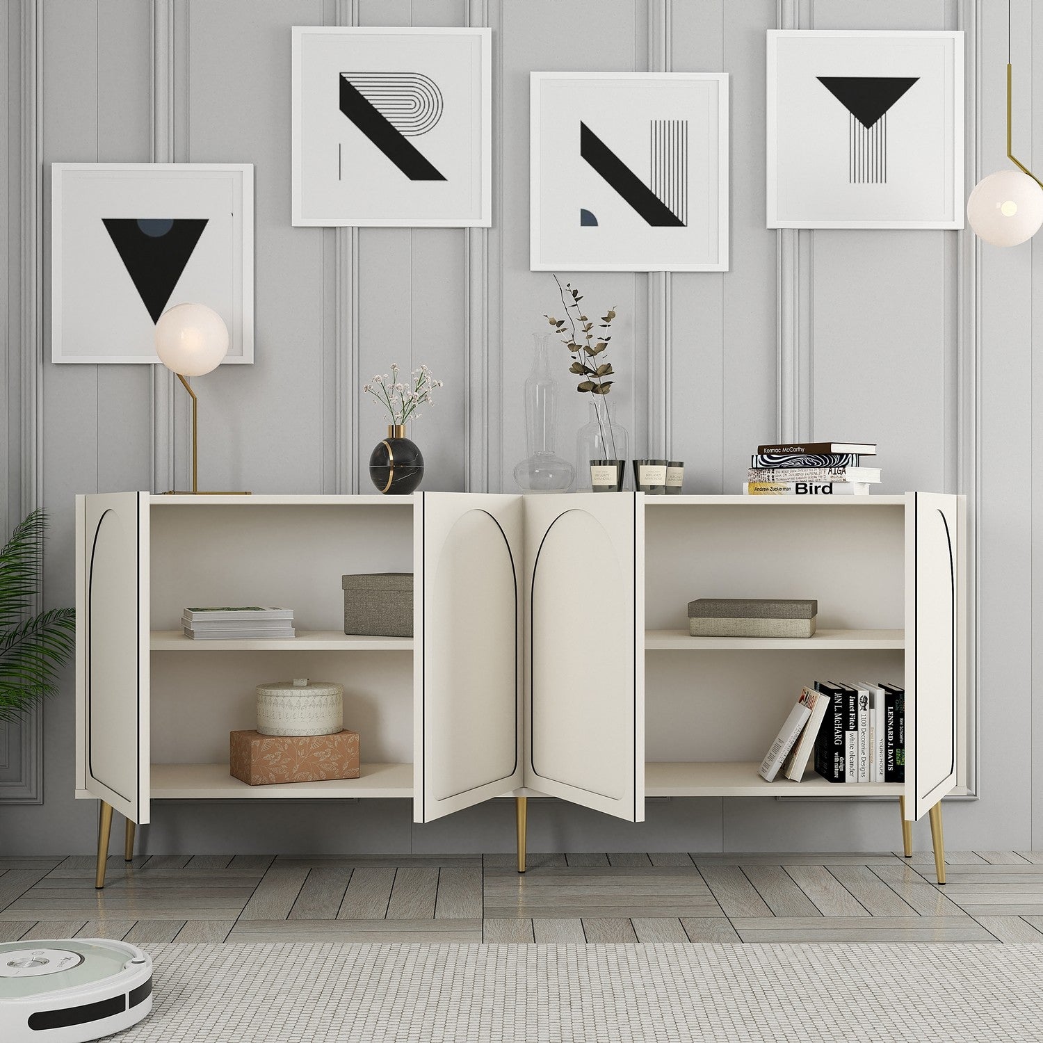 Aparador Elegante em Creme e Dourado – 180 x 80 x 35 cm – Aglomerado de partículas revestido a melamina