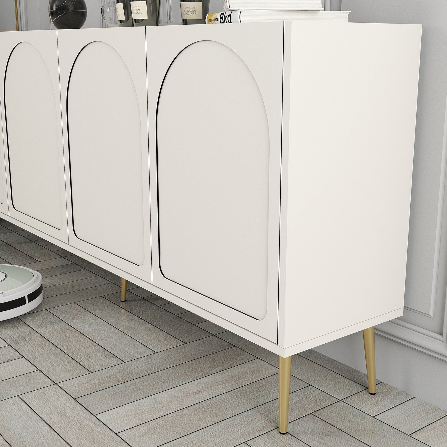 Aparador Elegante em Creme e Dourado – 180 x 80 x 35 cm – Aglomerado de partículas revestido a melamina